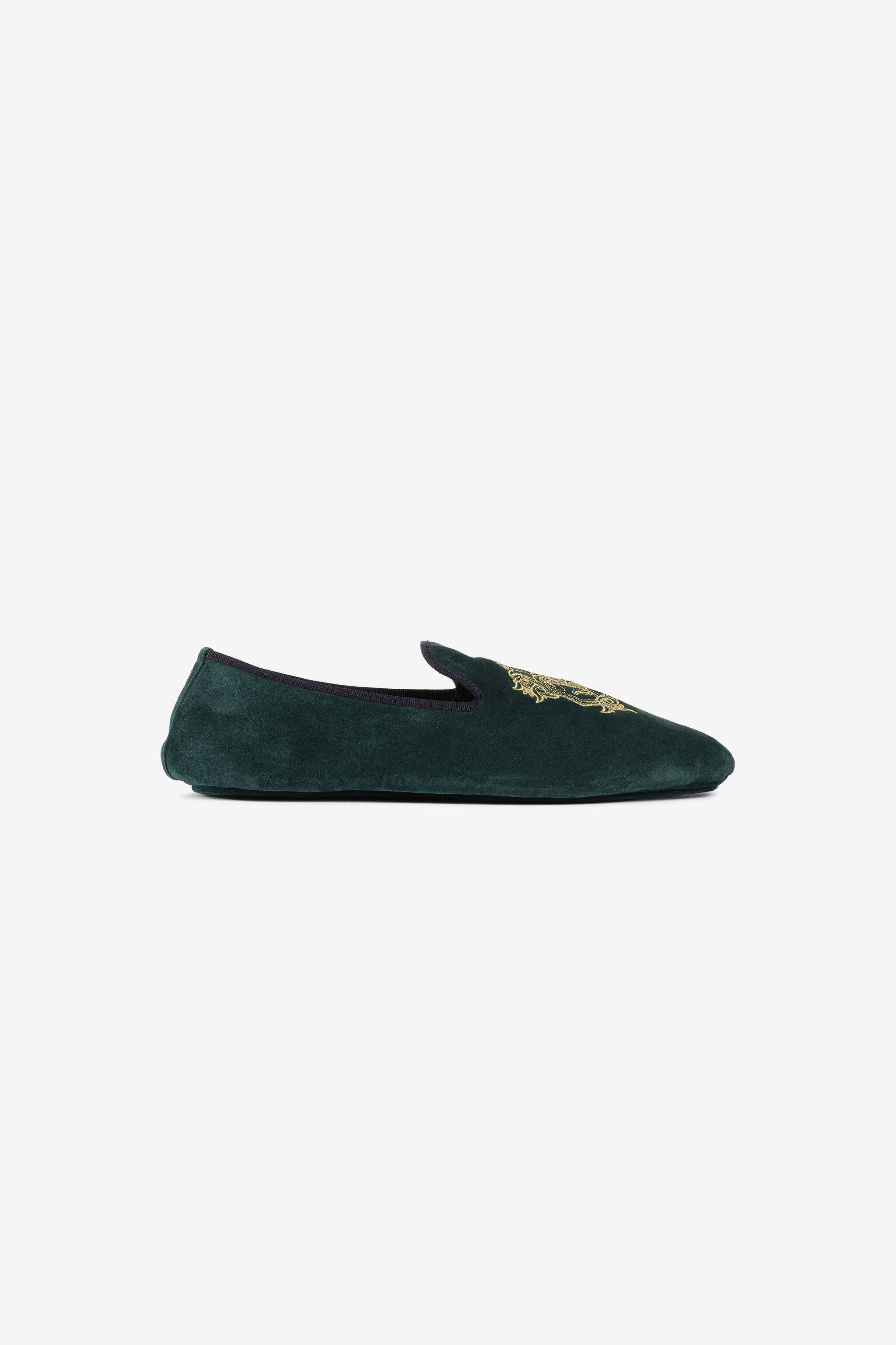 RC Mirror Snake Crest-Embroidered Velvet Slippers DARK GREEN PRS001-PZA95