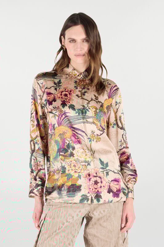 RC Silk Shirt with Floral and Pheasant Print Ivoire/Rose VKT704-TYP76