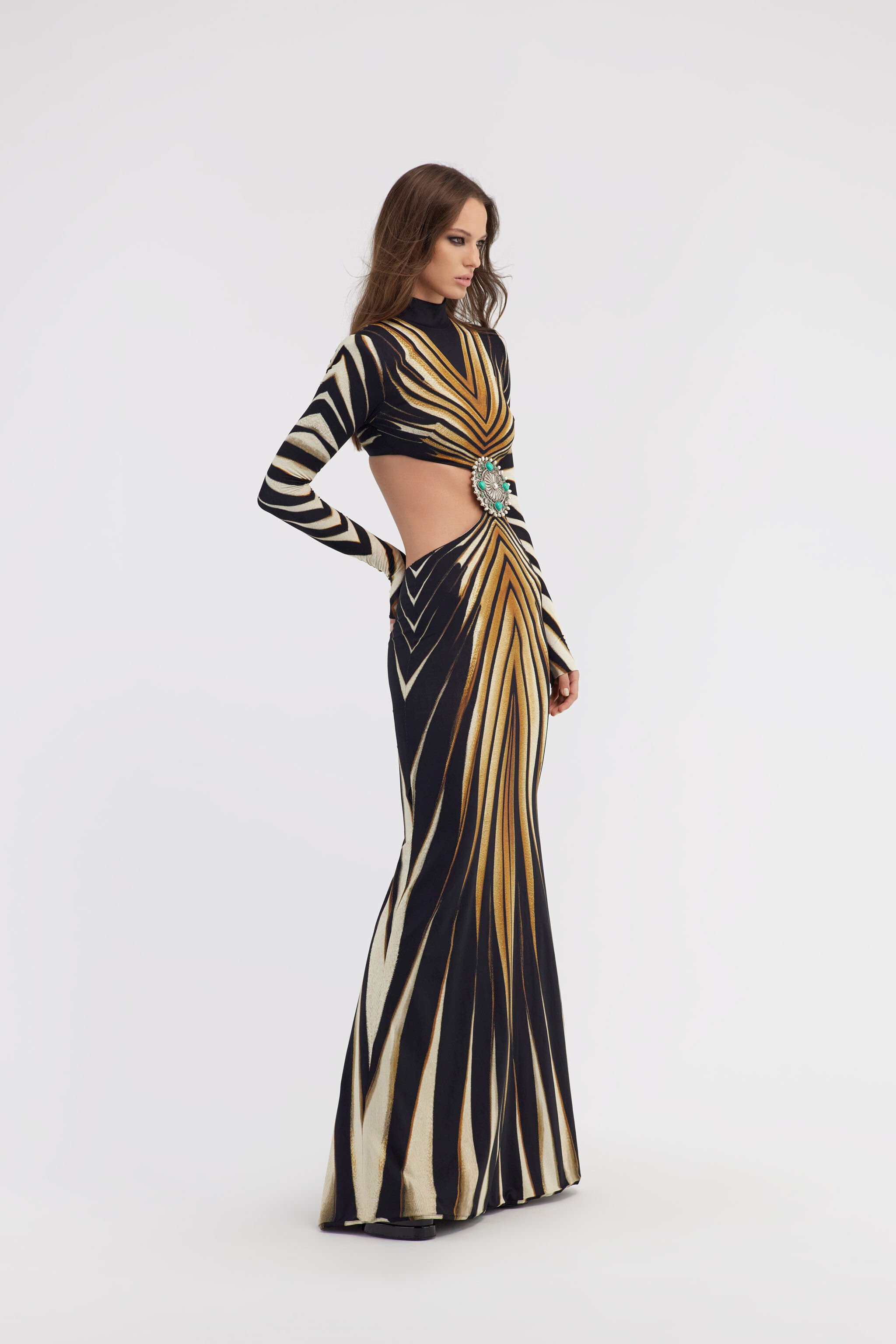 RC Cut-out knit dress with Ray of Gold print Gold RWT103-LNI12
