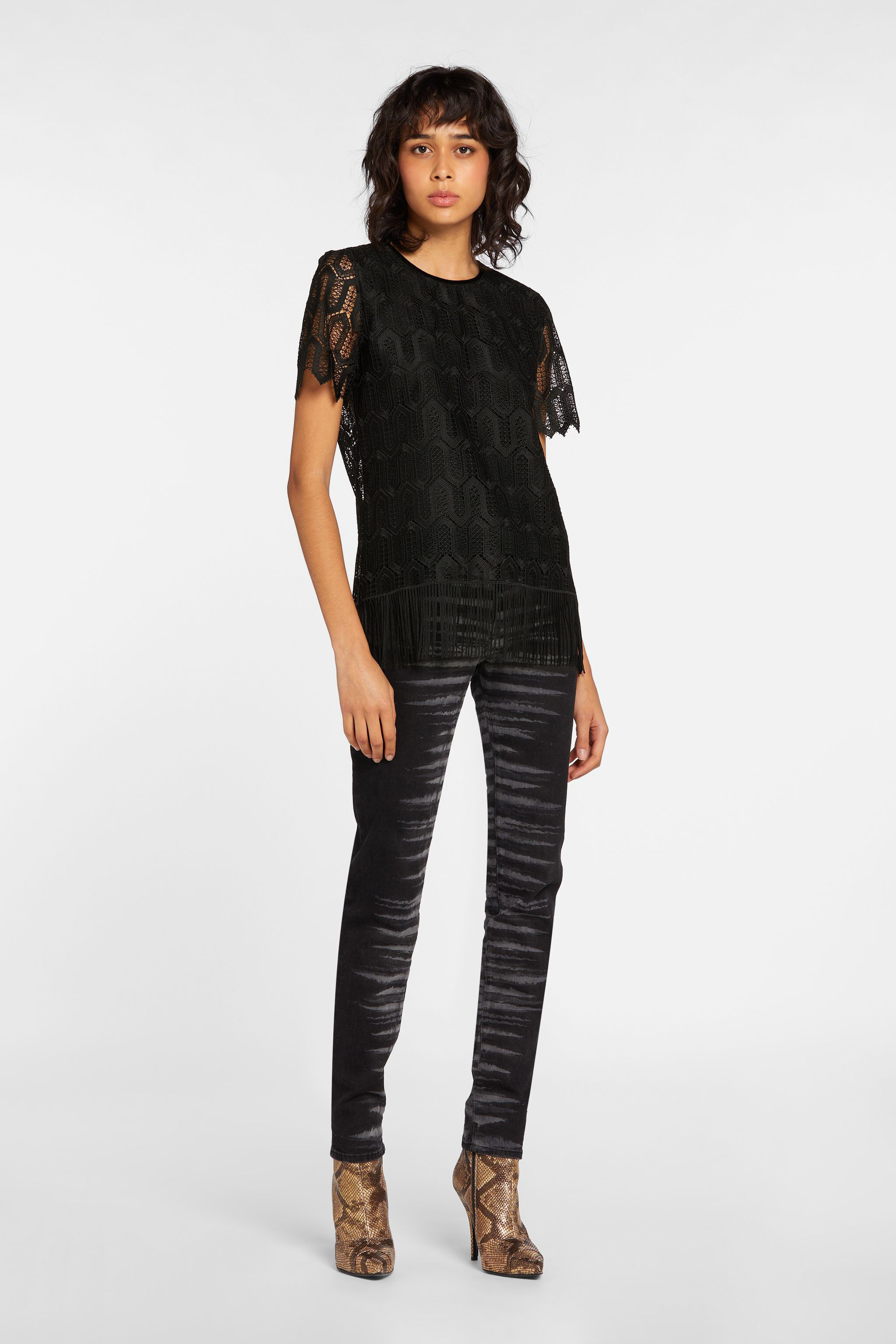 JC Just Cavalli Crochet-Lace Tassel Top Black HQLSEQ-ISEVY