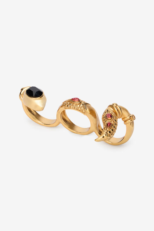RC Gold Three-Finger Ring with Black and Ruby Stones ORO/NERO/RUBINO VWG002-AM081
