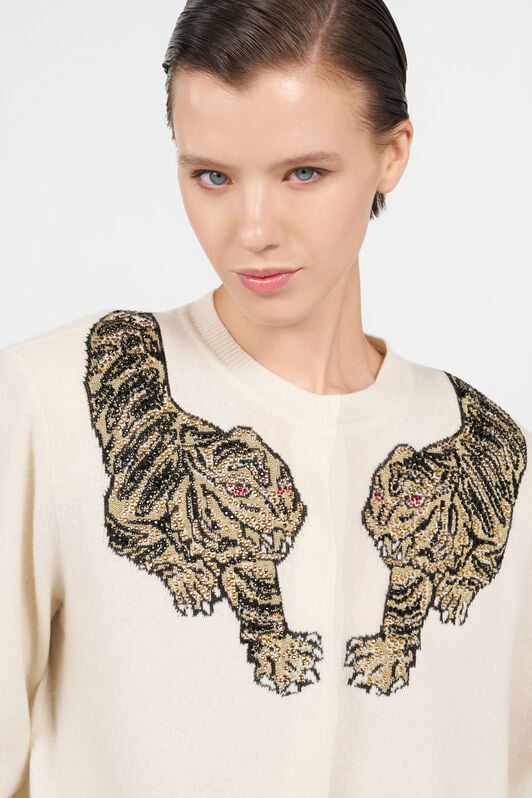 RC Wool Cardigan with Tiger Embroidery IVORY WKM902-MQ014