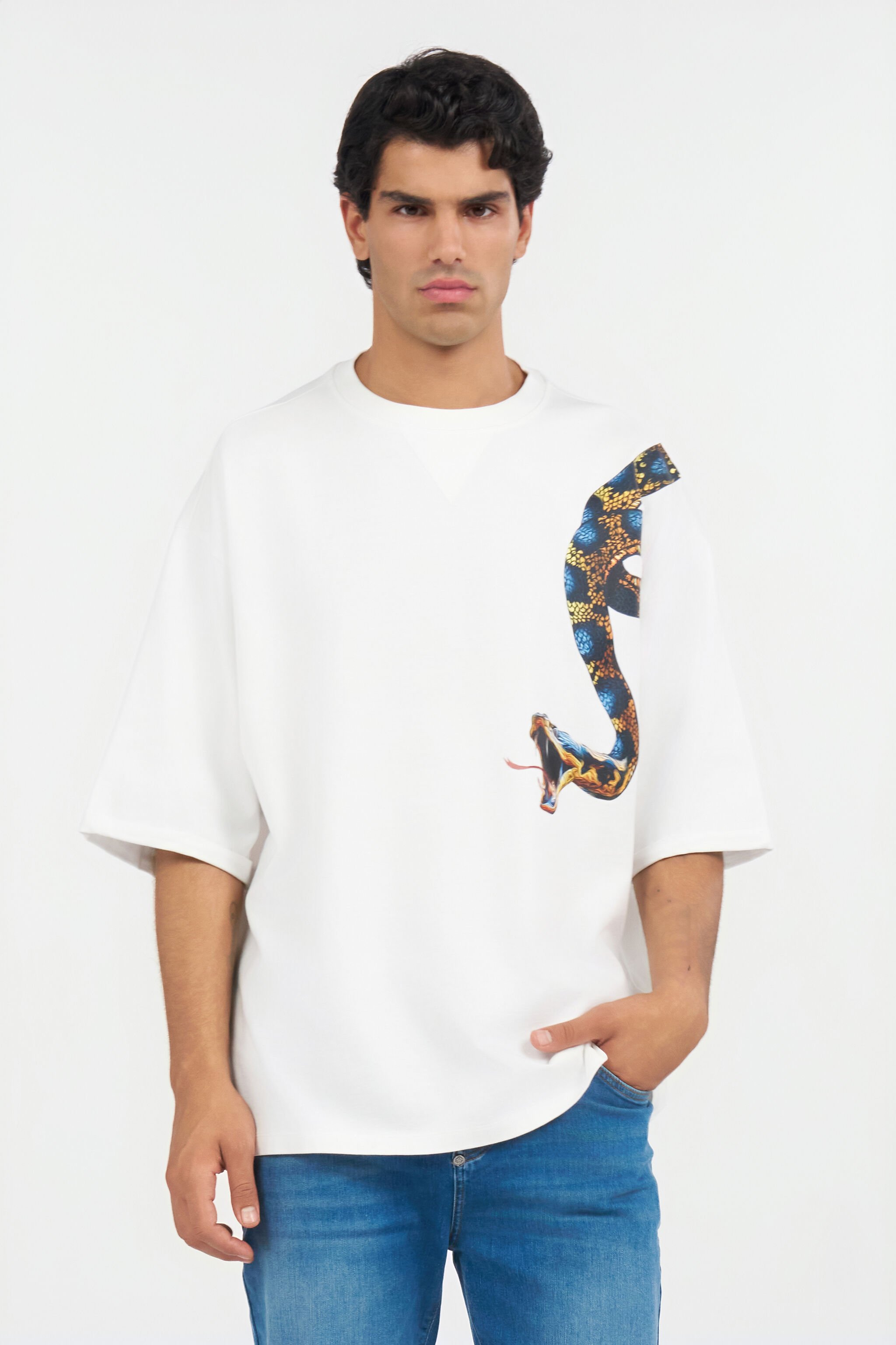 RC Oversized T-shirt with Snake Print RC Oversized T-shirt with Snake Print WHITE WRT62B-JD060