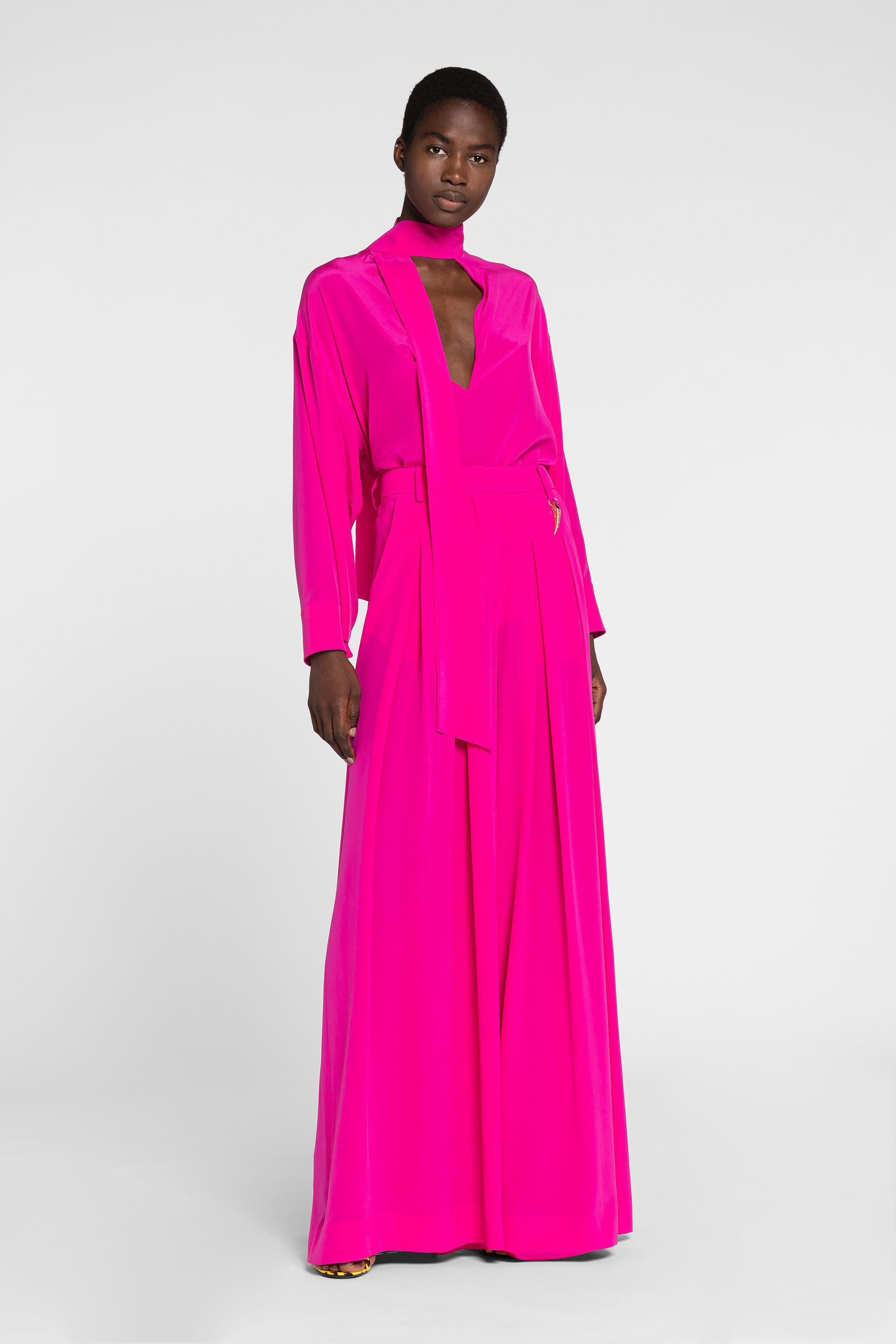 RC Tiger Tooth Wide-Leg Silk Trousers Fuchsia OQT204-SY001