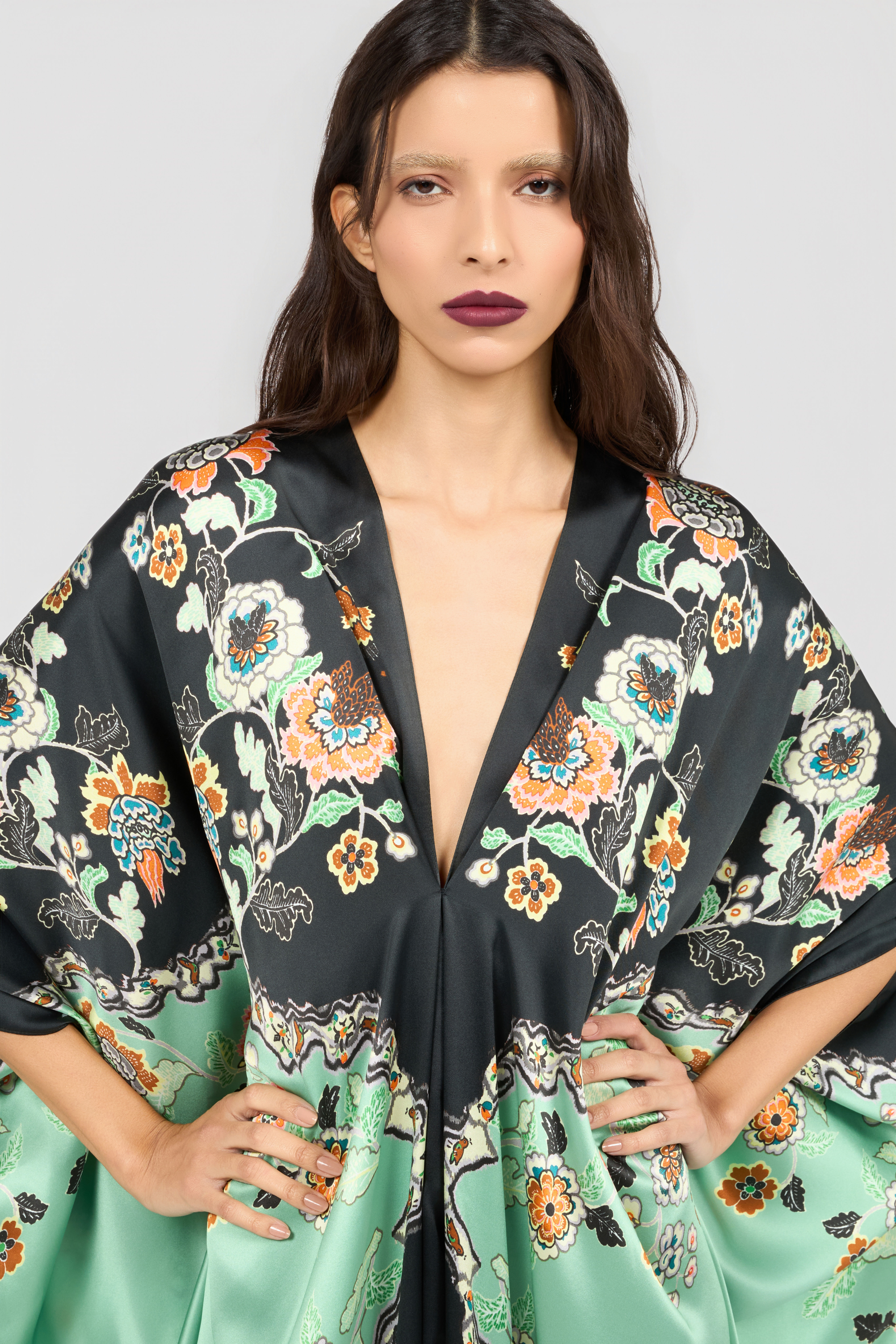 RC Silk Kaftan Dress With Kimono Print GREEN/BLACK XQT181-RYT25
