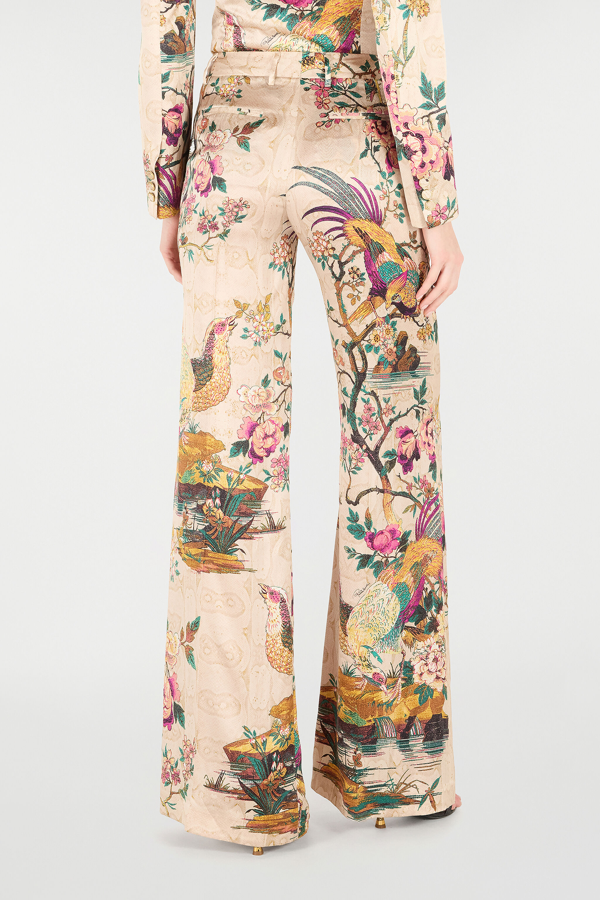 RC Palazzo Pants with Floral and Pheasant Print Ivory/Pink VKT201-TYP76