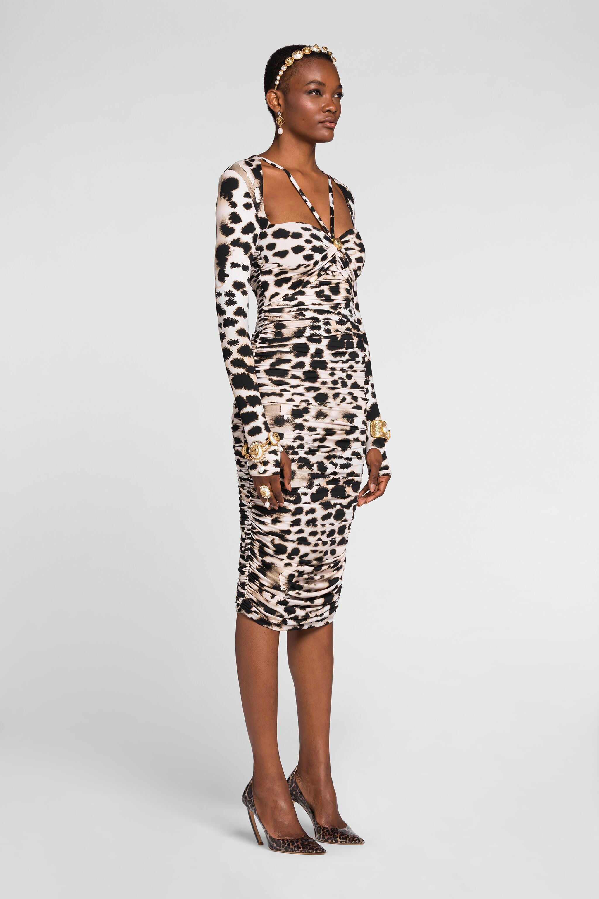 Murena Print Dress Midi in Black/White for Women | Roberto Cavalli®