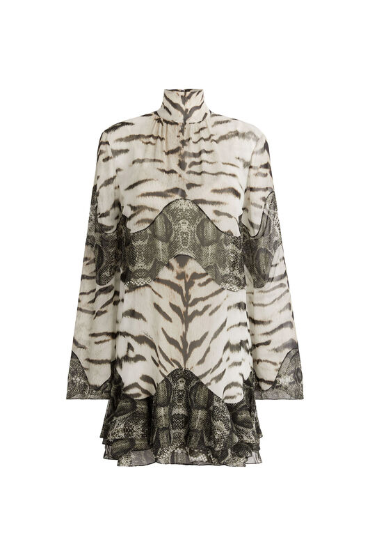 RC Mini-robe en soie à imprimé La Tigresse et Reptilia Noir/Blanc MQT135-GFA48