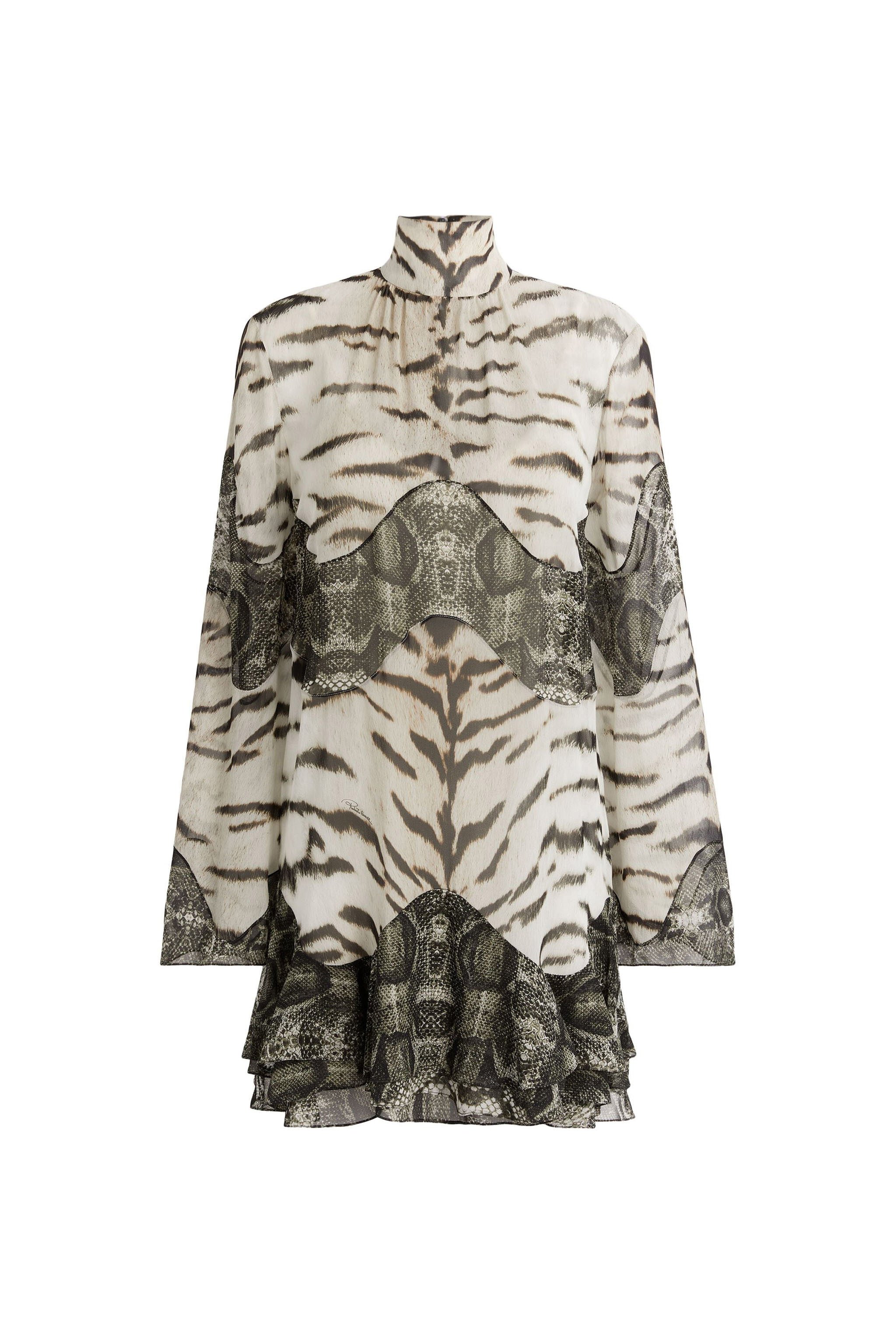 RC Mini-robe en soie à imprimé La Tigresse et Reptilia Noir/Blanc MQT135-GFA48