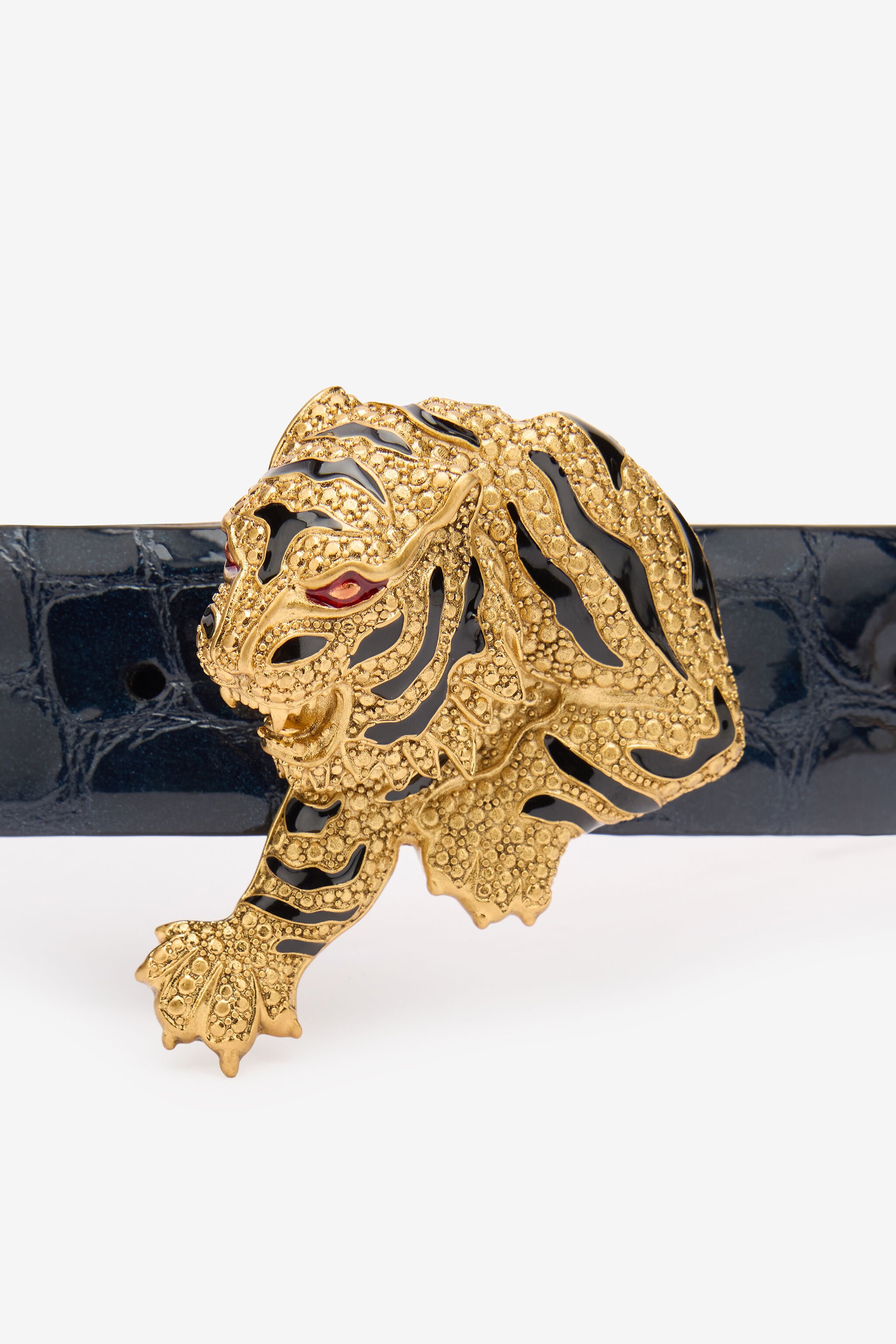 RC Crocodile-Effect Belt With Bejeweled Tiger Dark blue TKC002-PZE01