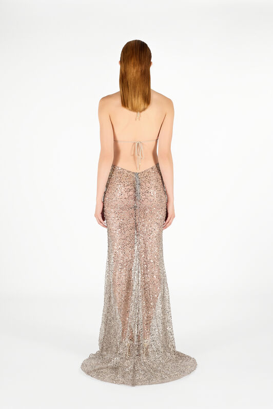RC Robe Longue à Paillettes et Col Halter Argent UWR146-FY038