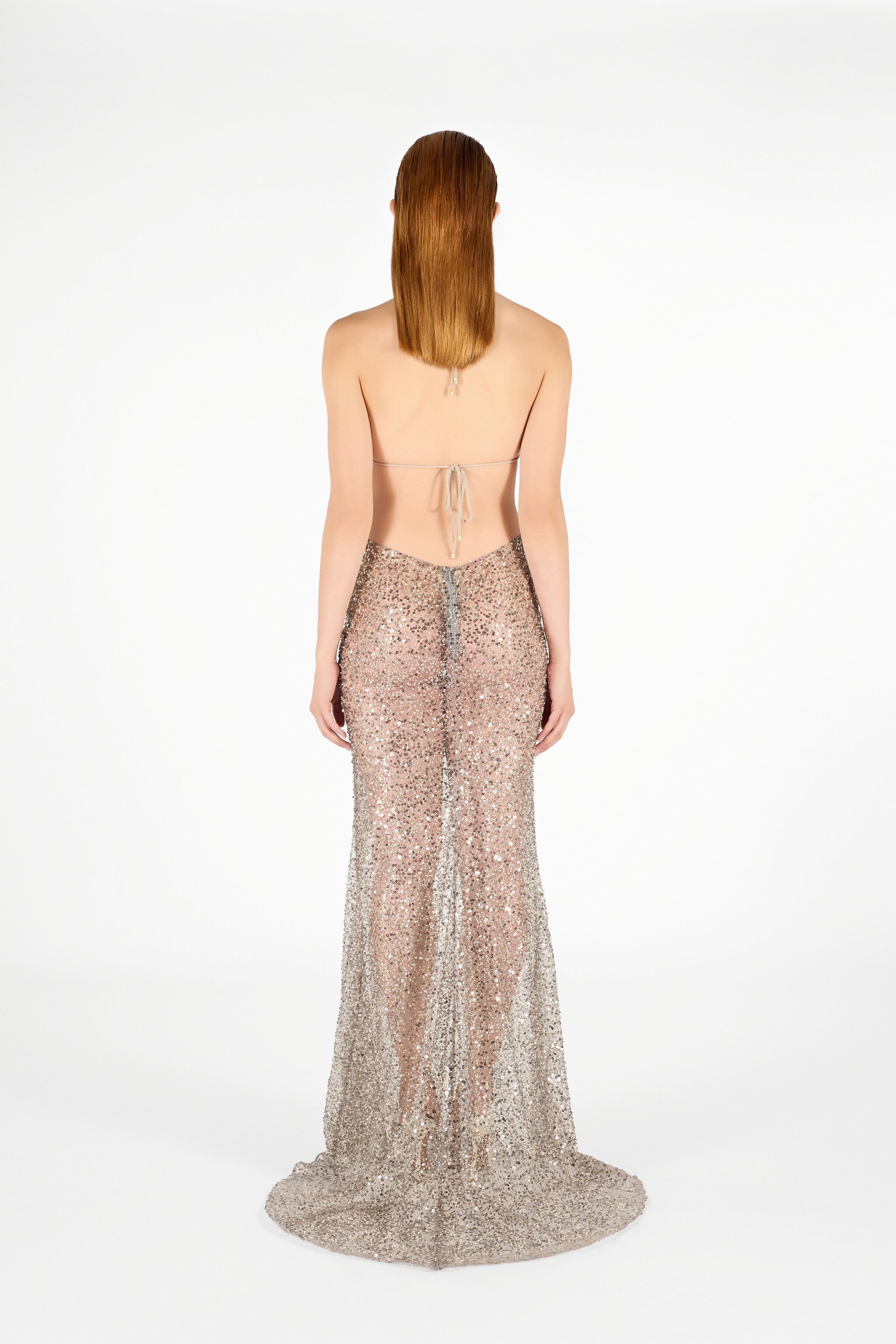 RC Robe Longue à Paillettes et Col Halter Argent UWR146-FY038