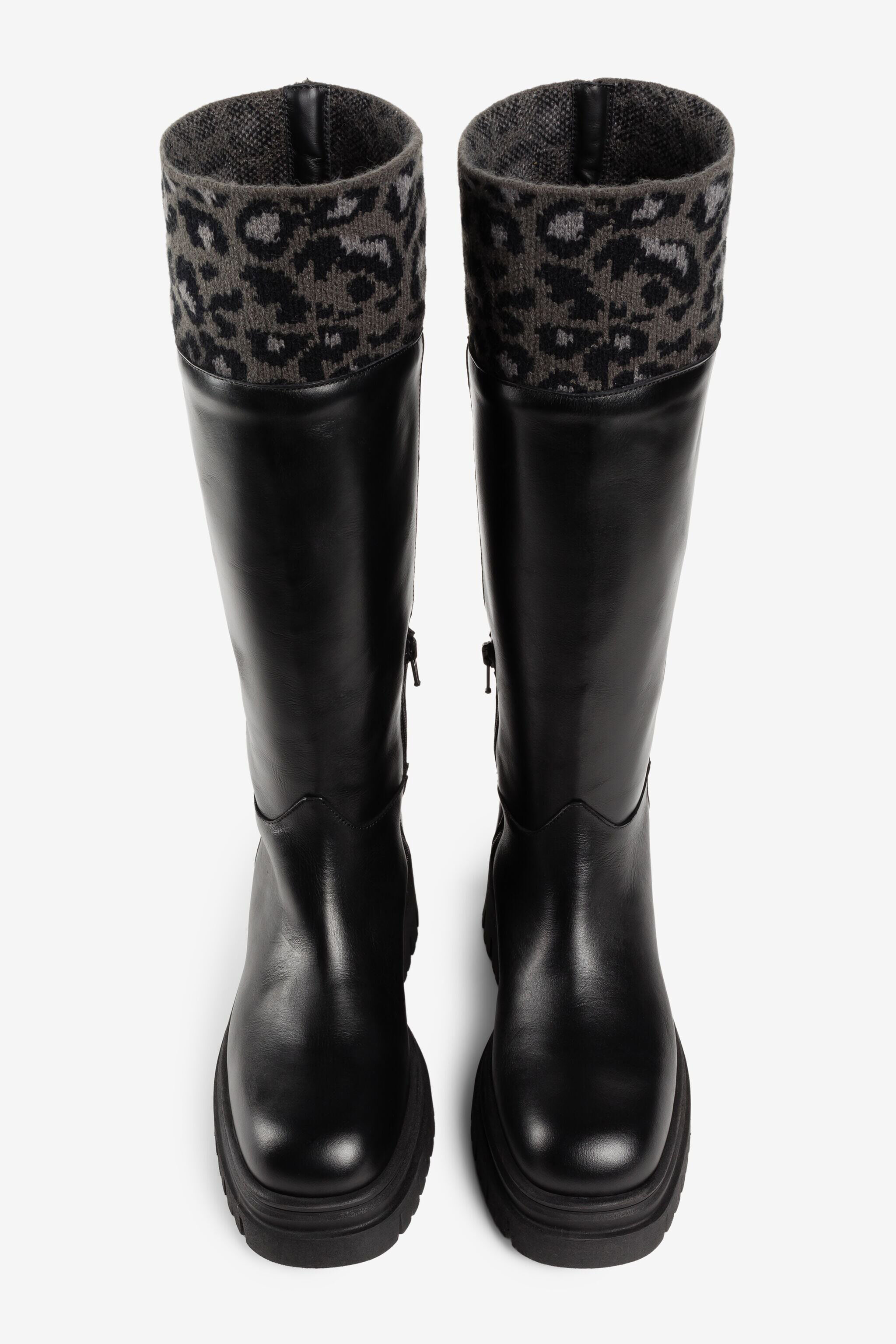 RC Kniehohe Stiefel aus Leopard-Jacquard Schwarz JSS01P-PN021