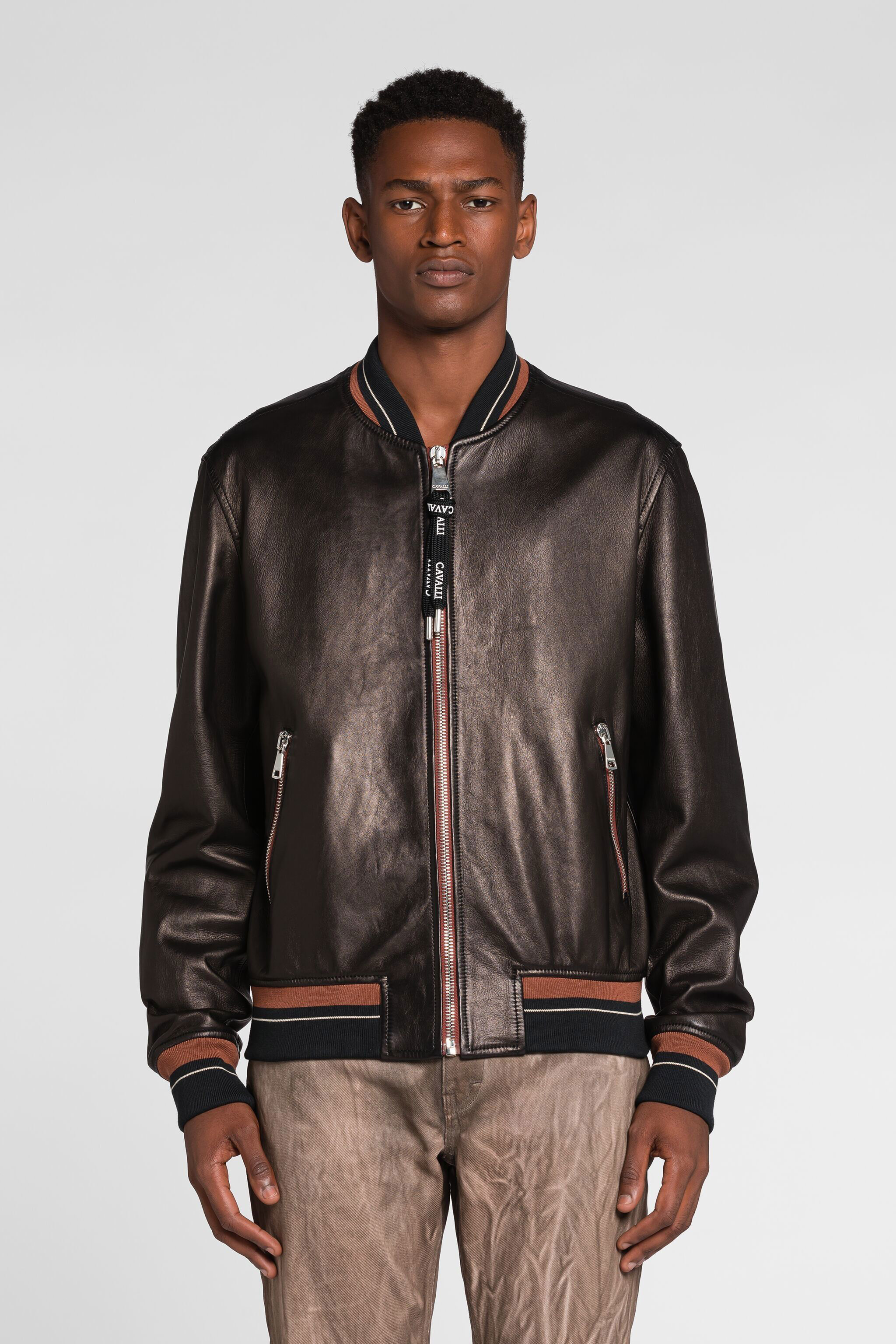 RC Zip-up leather bomber jacket Black QRP801-PFF15