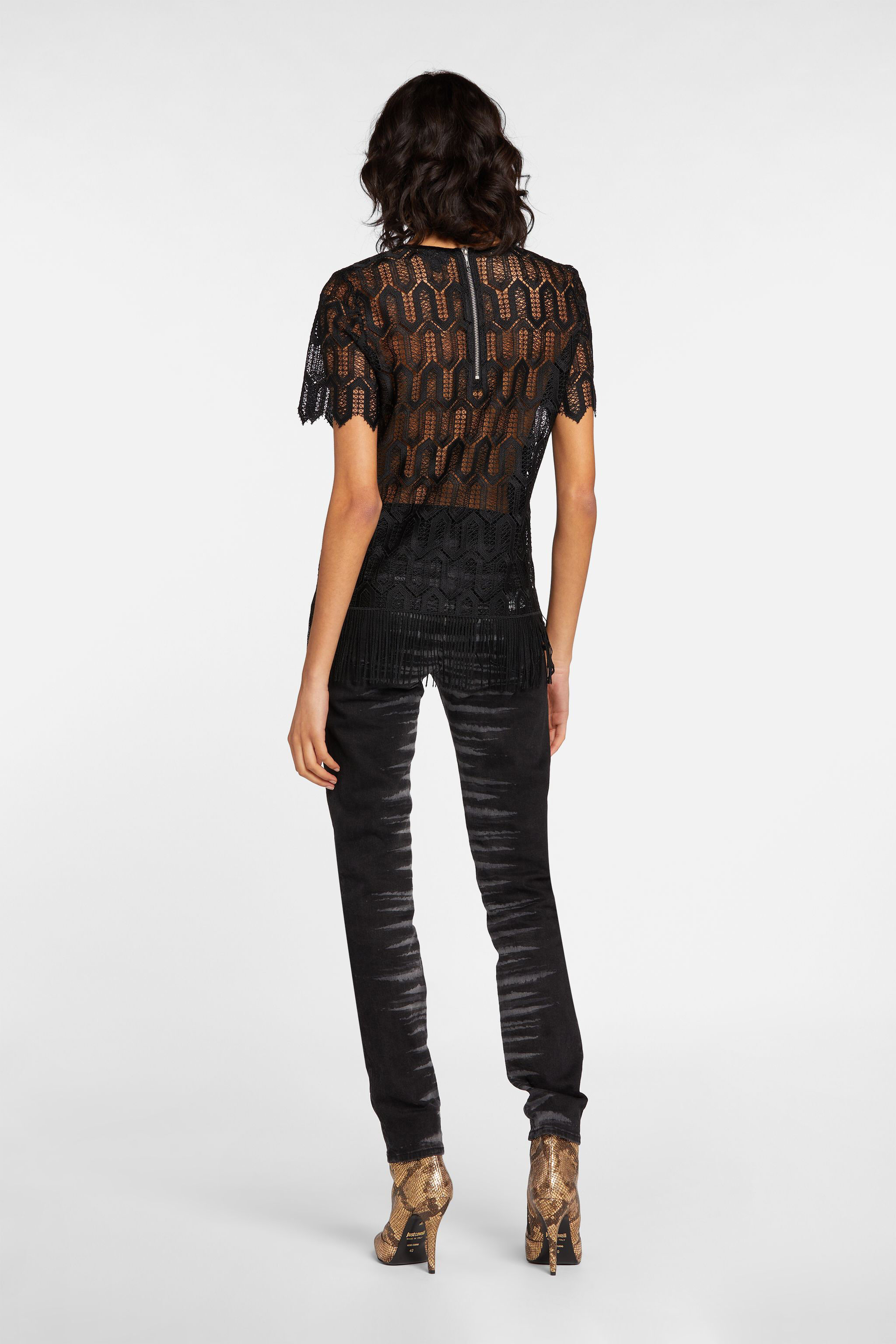 JC Just Cavalli Crochet-Lace Tassel Top Black HQLSEQ-ISEVY