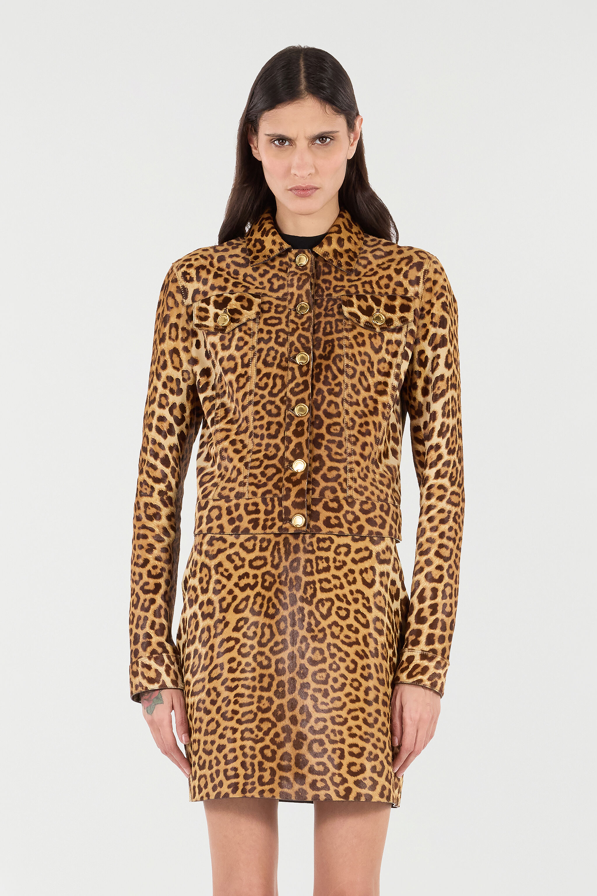 RC Leather Jacket with Leopard Skin Print Brown VKP400-ZV012