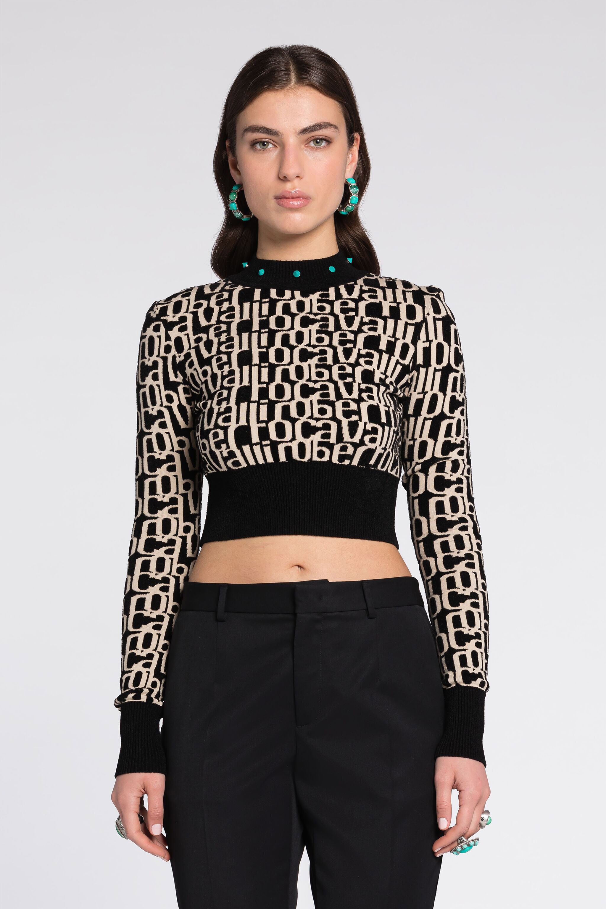 RC Logo-Jacquard Cropped Sweater Black/White RKM601-MI150