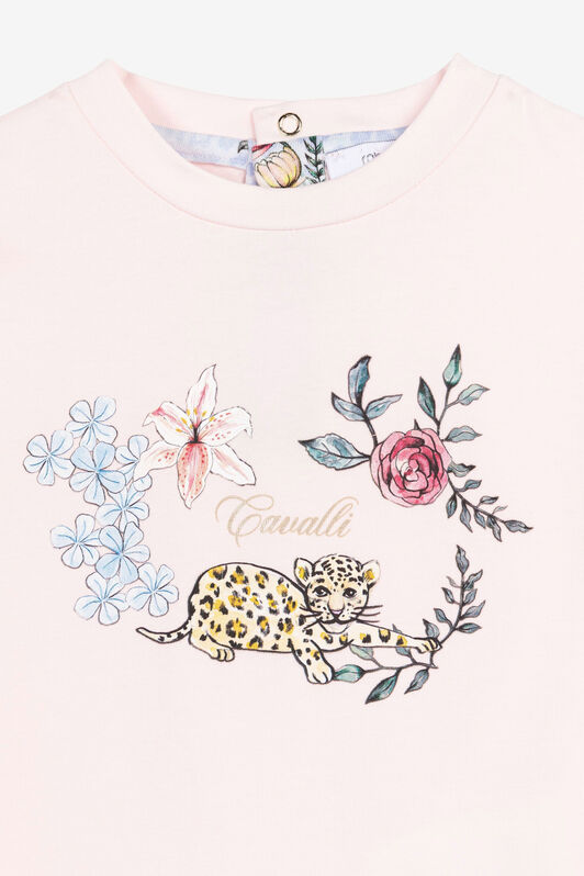 JU T-shirt en coton à imprimé jaguar et fleurs Rose QJT615-JV025