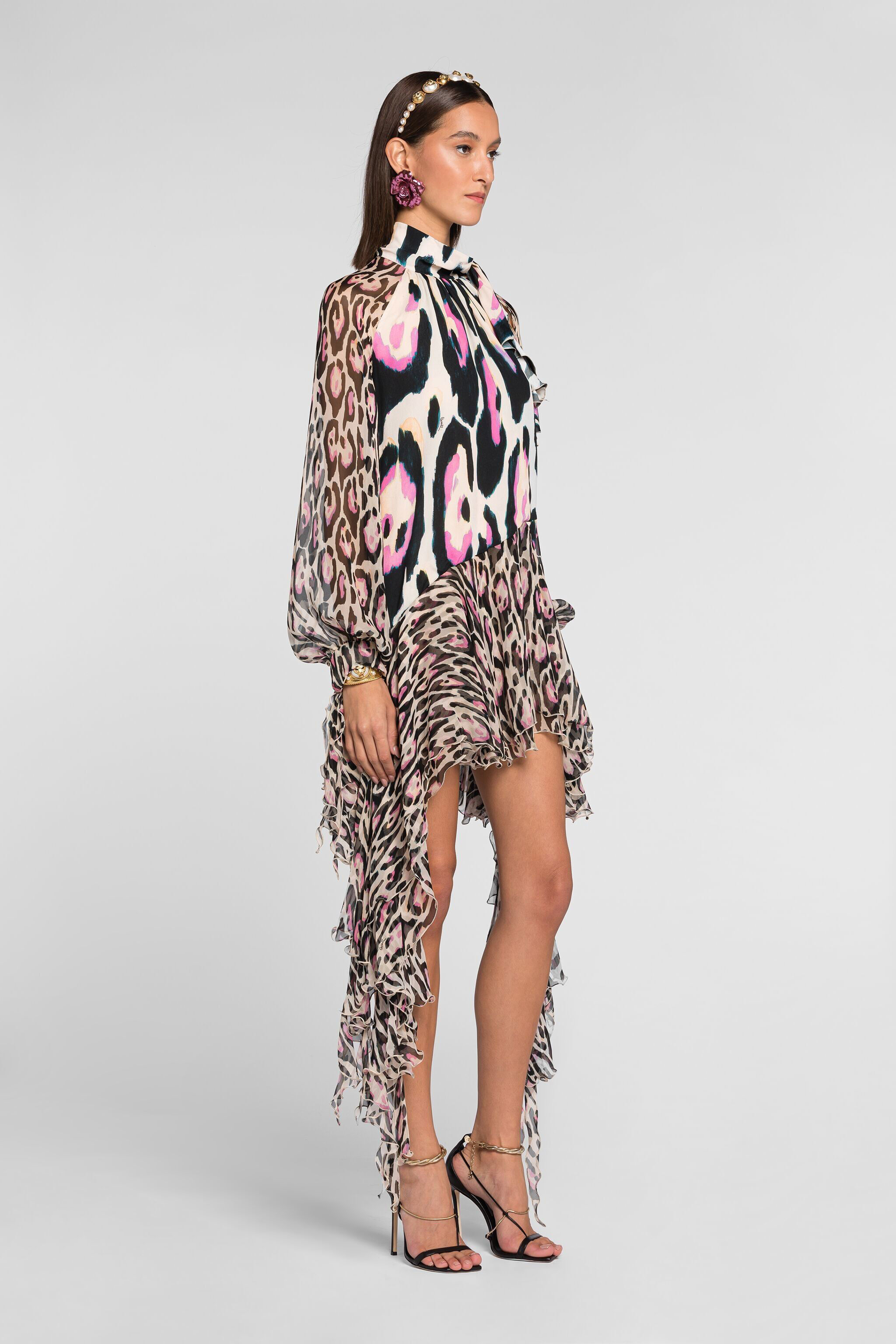 RC Jaguar-Print Ruffle-Trimmed Mini Dress ROSA QKT125-FVF54