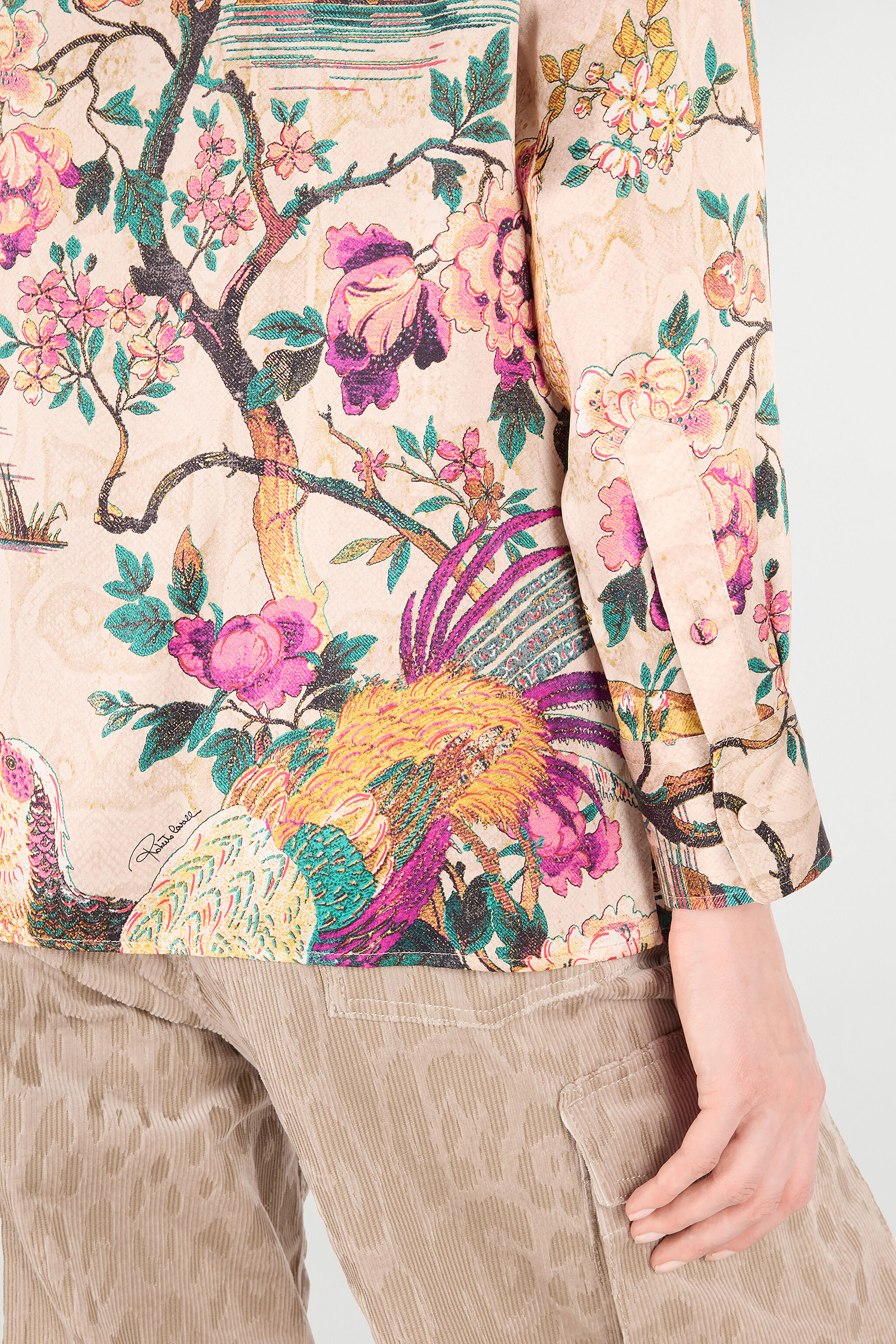 RC Silk Shirt with Floral and Pheasant Print Ivoire/Rose VKT704-TYP76