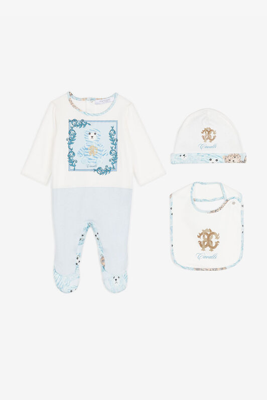 JU RC Monogram and Teddy Bear-Print Babygrow Set Light blue RJT836-JD001