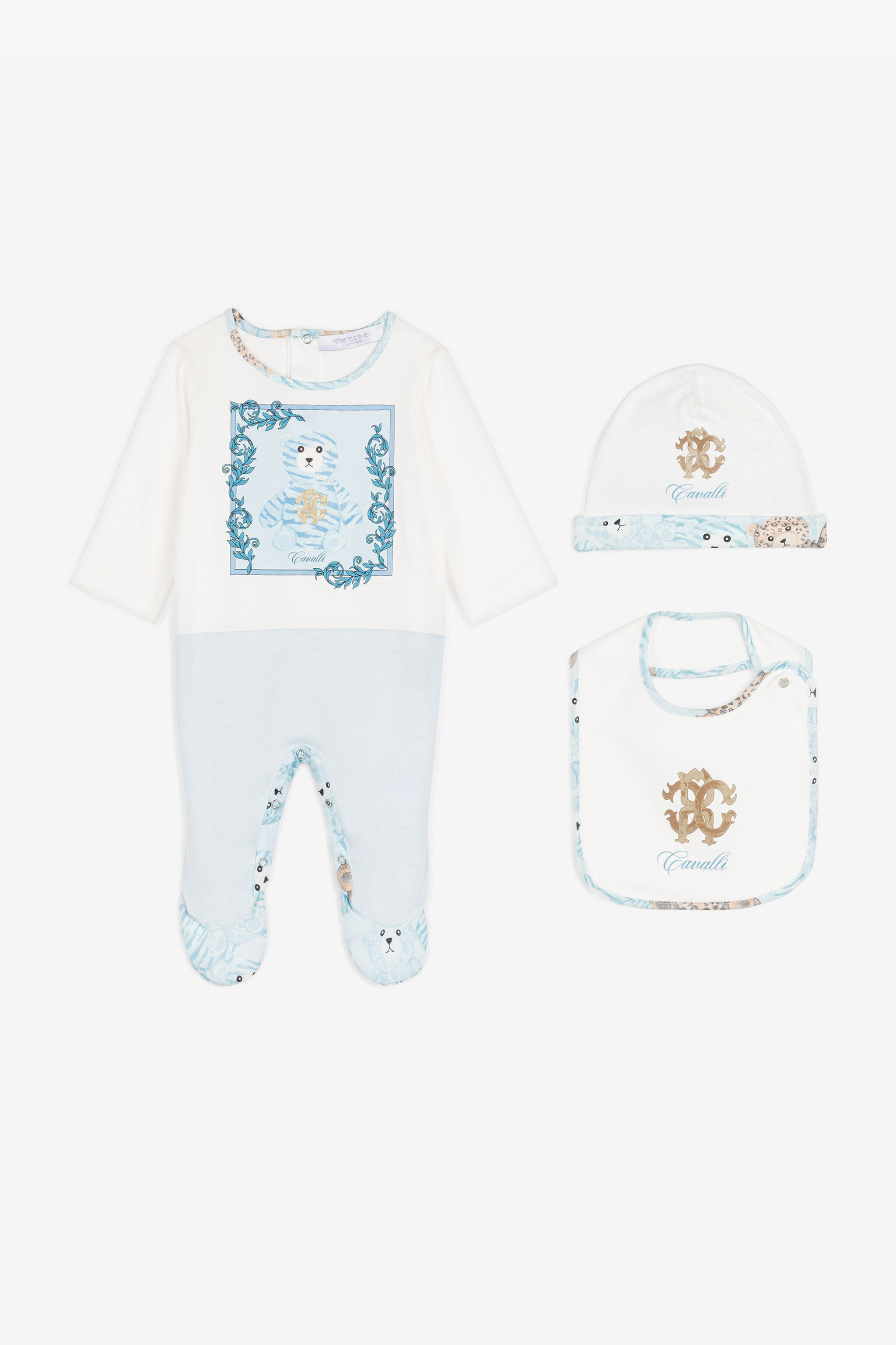 JU RC Monogram and Teddy Bear-Print Babygrow Set Light blue RJT836-JD001
