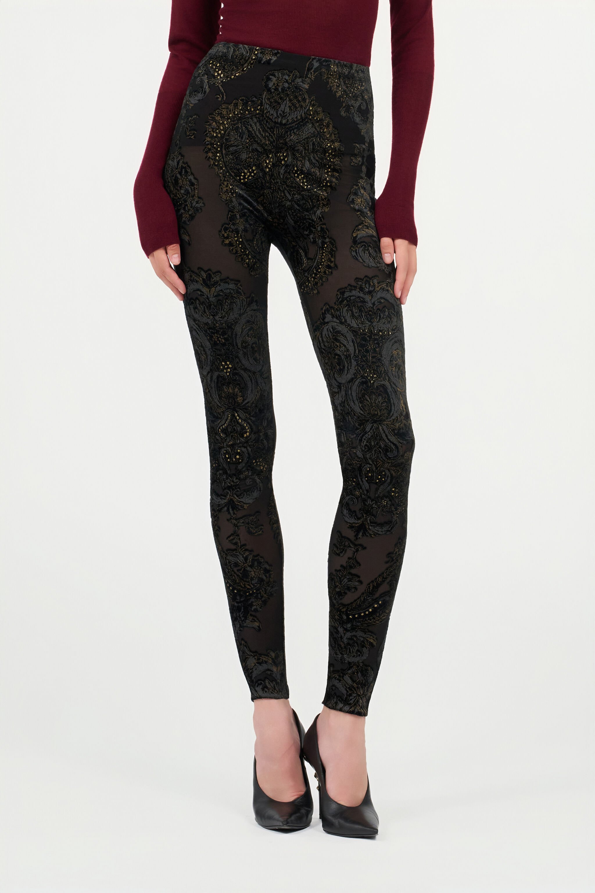 RC Leggings in ciniglia devoré con Stampa Ornamental BLACK WKT23A-6CR36
