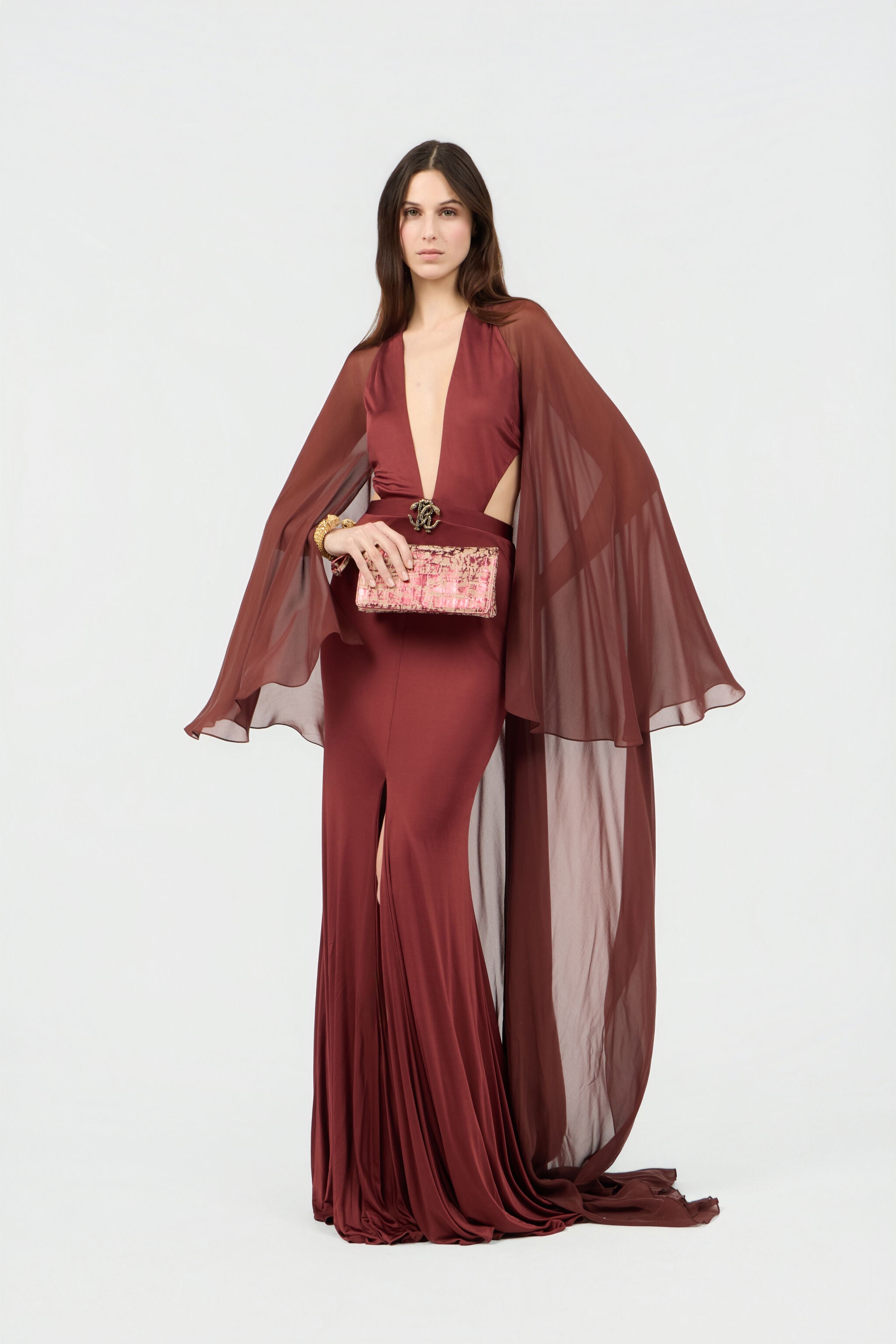 RC Burgundy Silk Maxi Dress 99999 SKT122-JJ036