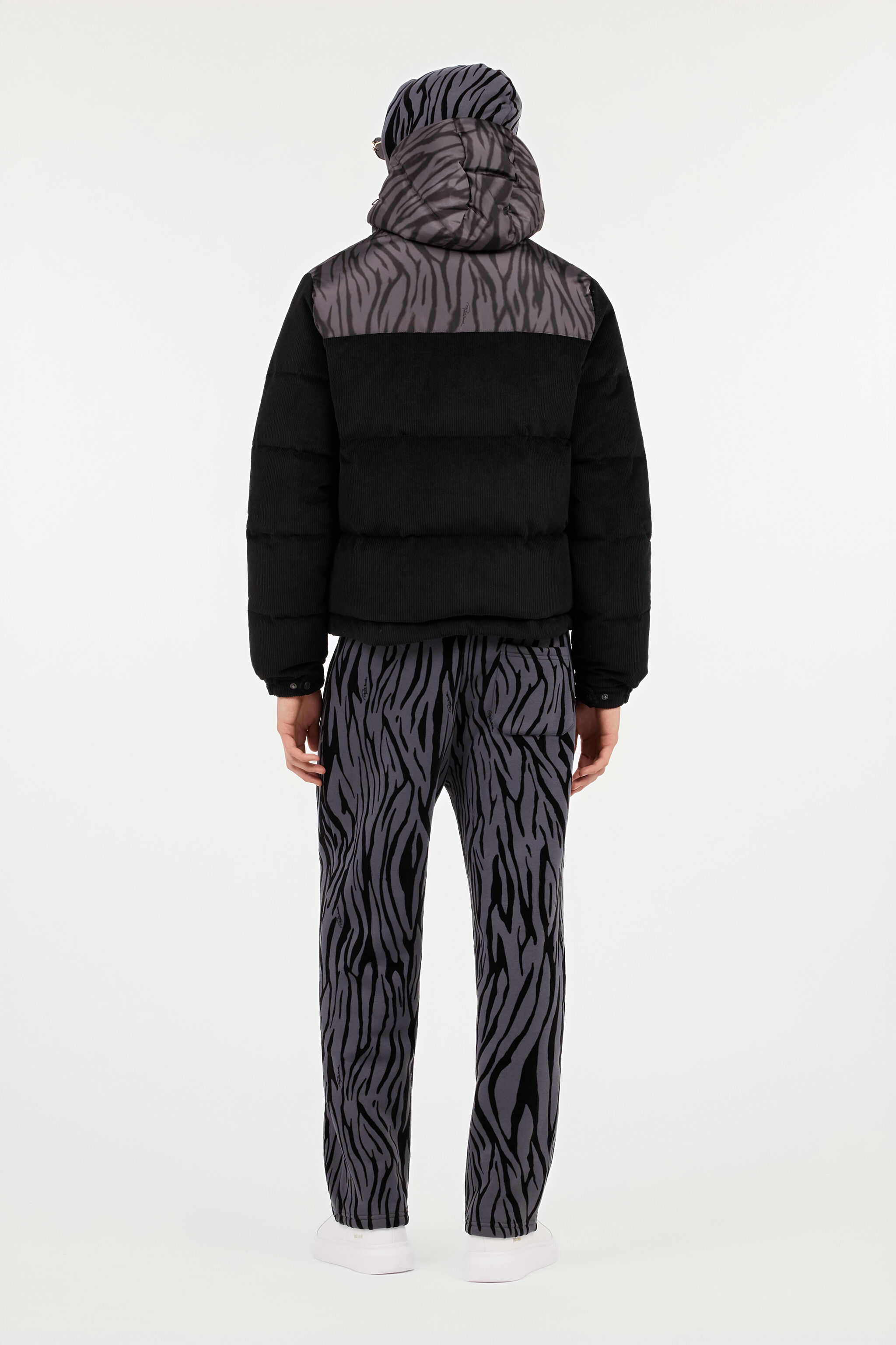 Black Corduroy Down Jacket With Zebra Print in NERO/NERO for Men