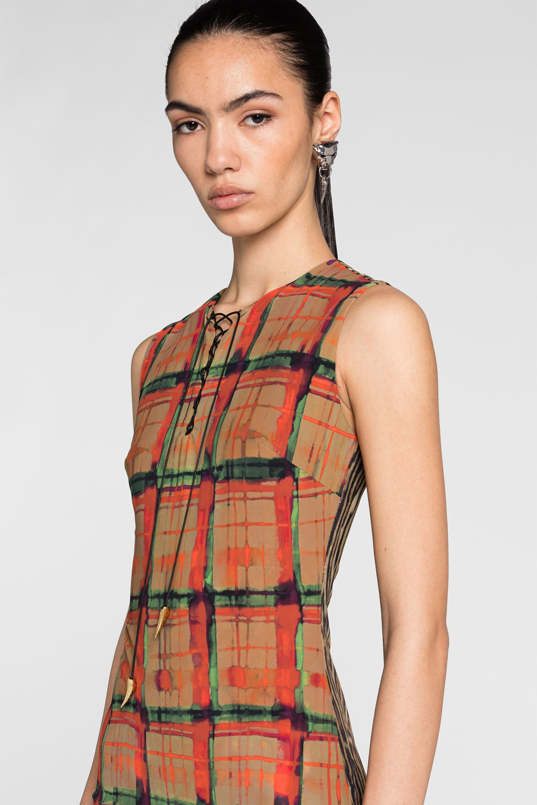 RC Tartan-Print Lace-Up Dress MULTICOLOR PKT112-LNE39