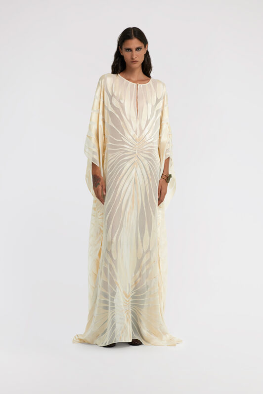 RC Satin caftan with Ray Of Gold print Ivory TKT103-HLI15