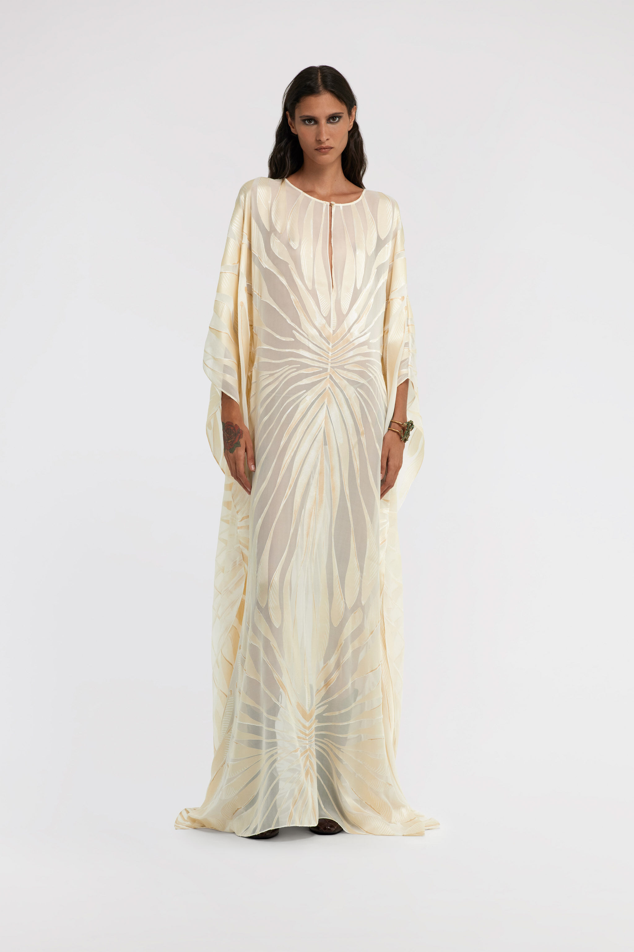 RC Satin caftan with Ray Of Gold print Ivory TKT103-HLI15