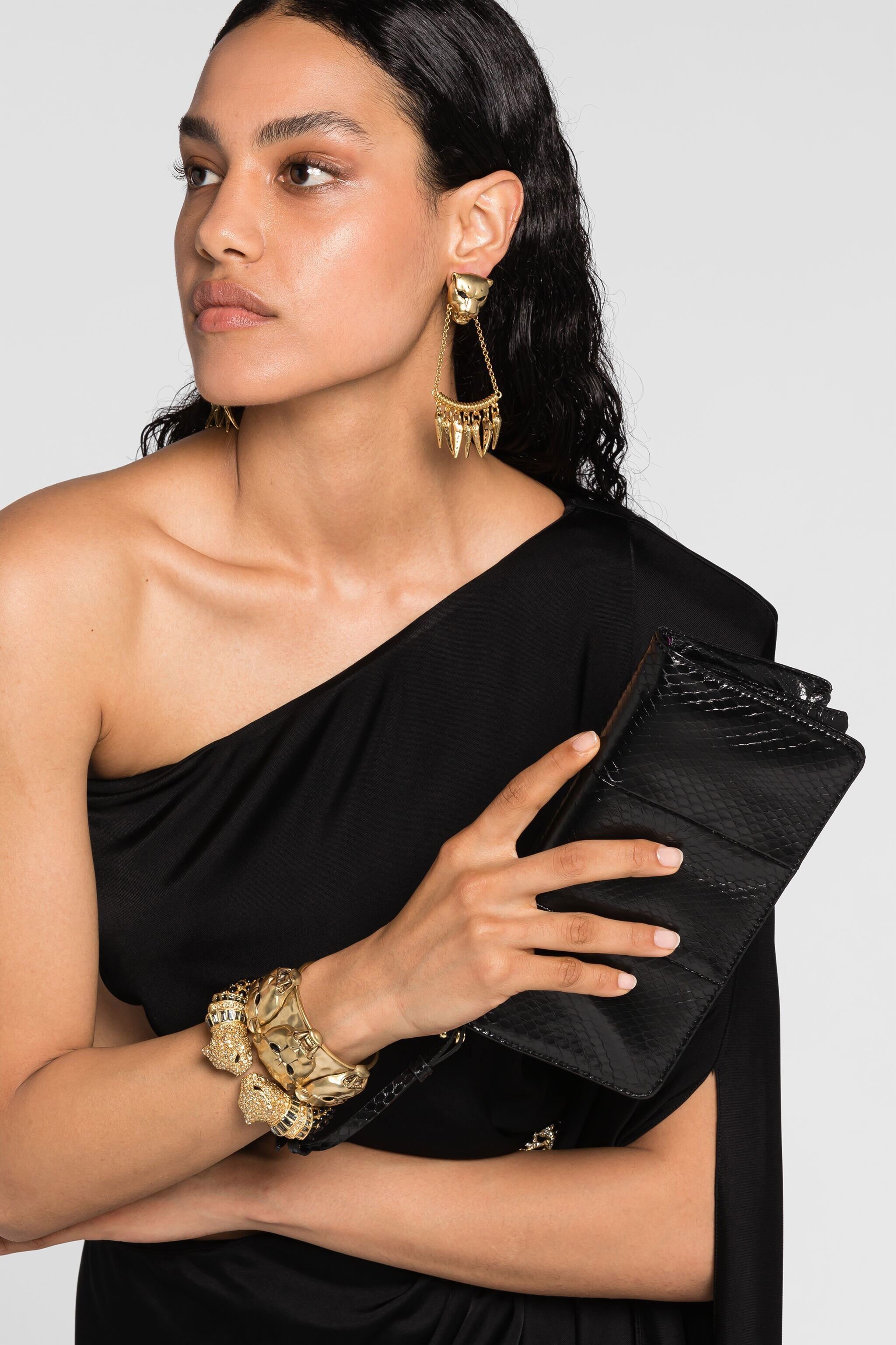 RC Crystal-Embellished Panther Head Clutch Bag BLACK OQB023-PA001