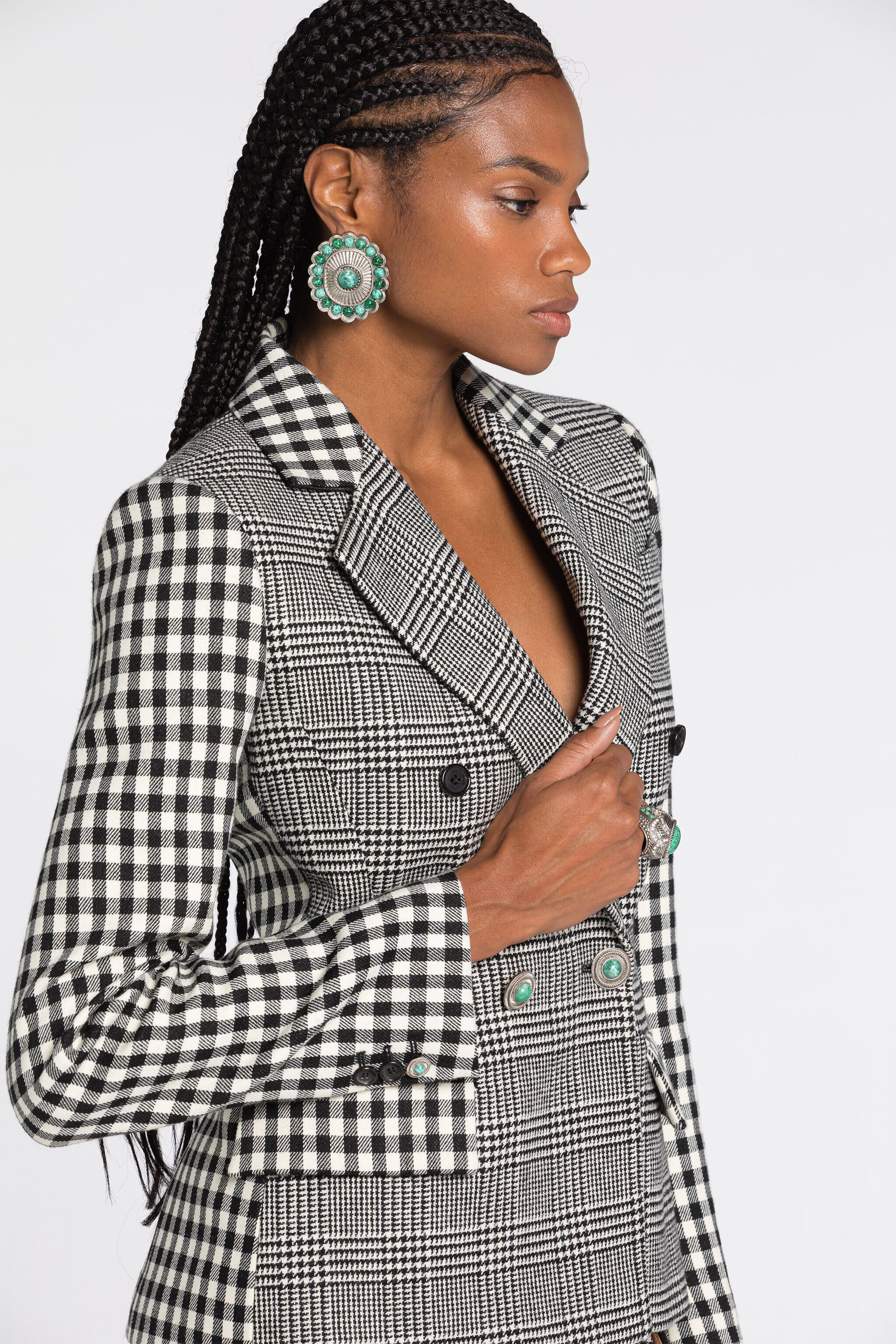 RC Houndstooth and Gingham Double-Breasted Blazer Black/White RKT404-GA007