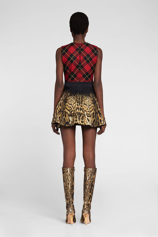 RC Tartan And Ocelot-Print Mini Dress Light brown/Red PKT113-FY048