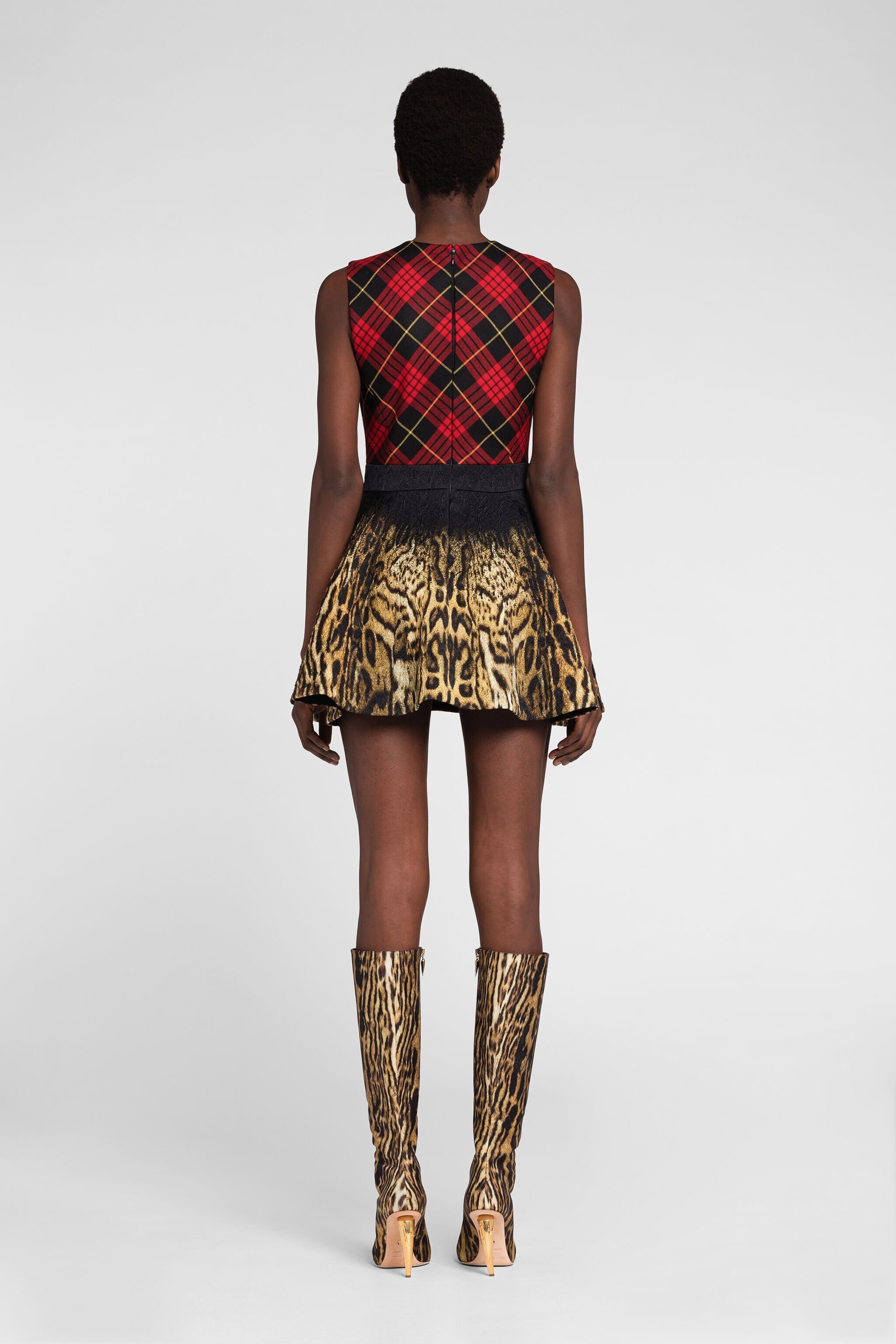 RC Tartan And Ocelot-Print Mini Dress Light brown/Red PKT113-FY048