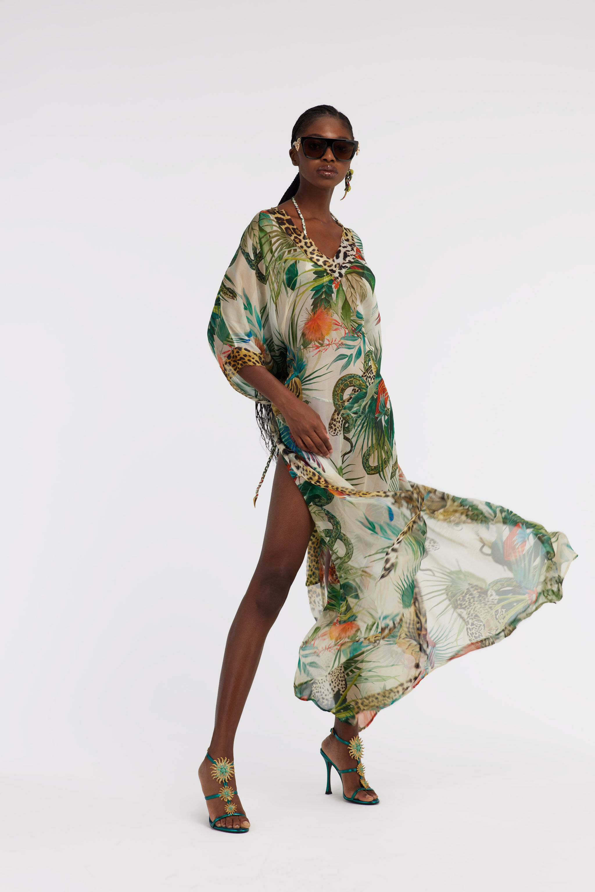 RC Jungle Print Kaftan In Silk Green SYW051-CTI88