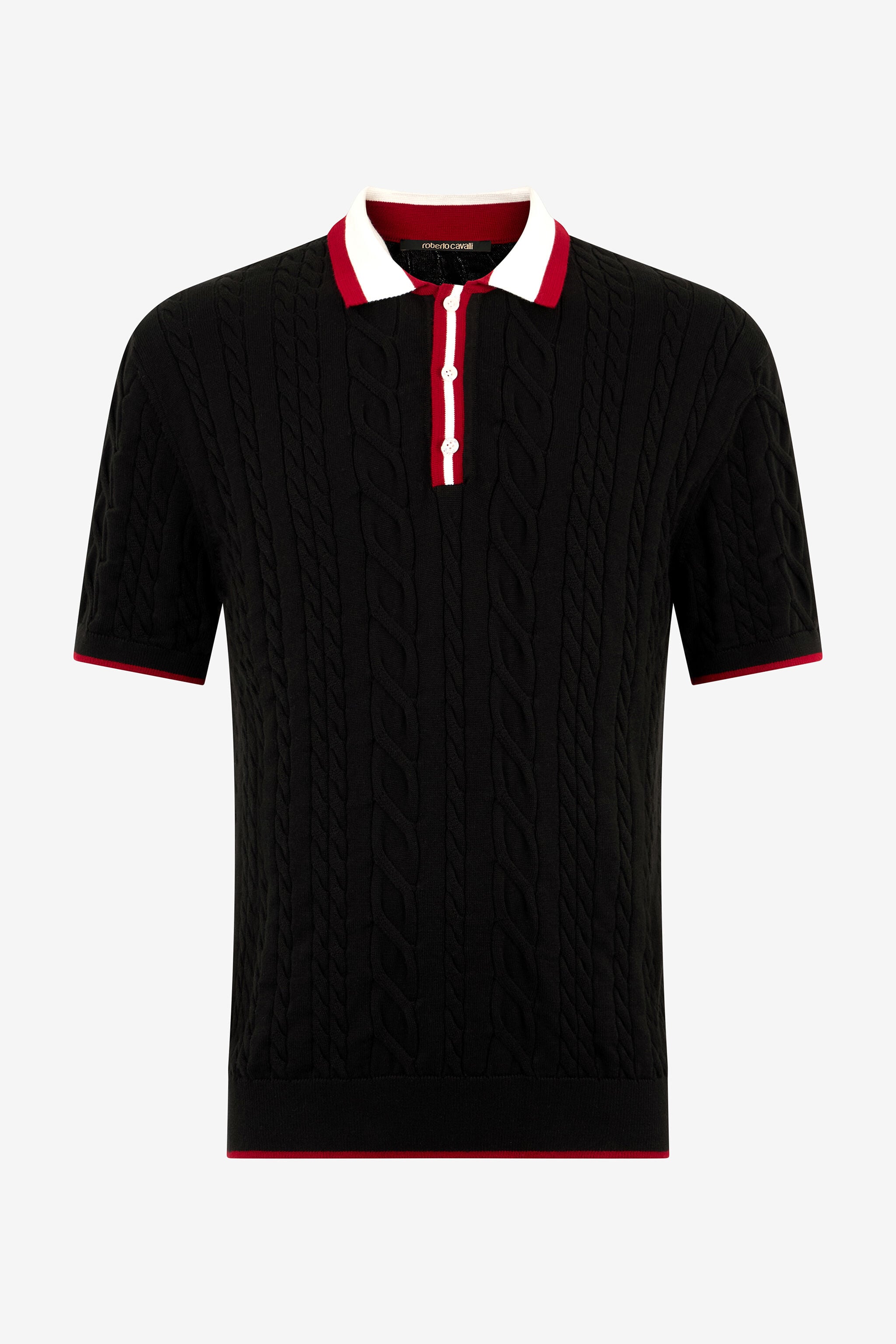 Black Cable Knit Polo With Contrast Trim in BLACK for Men