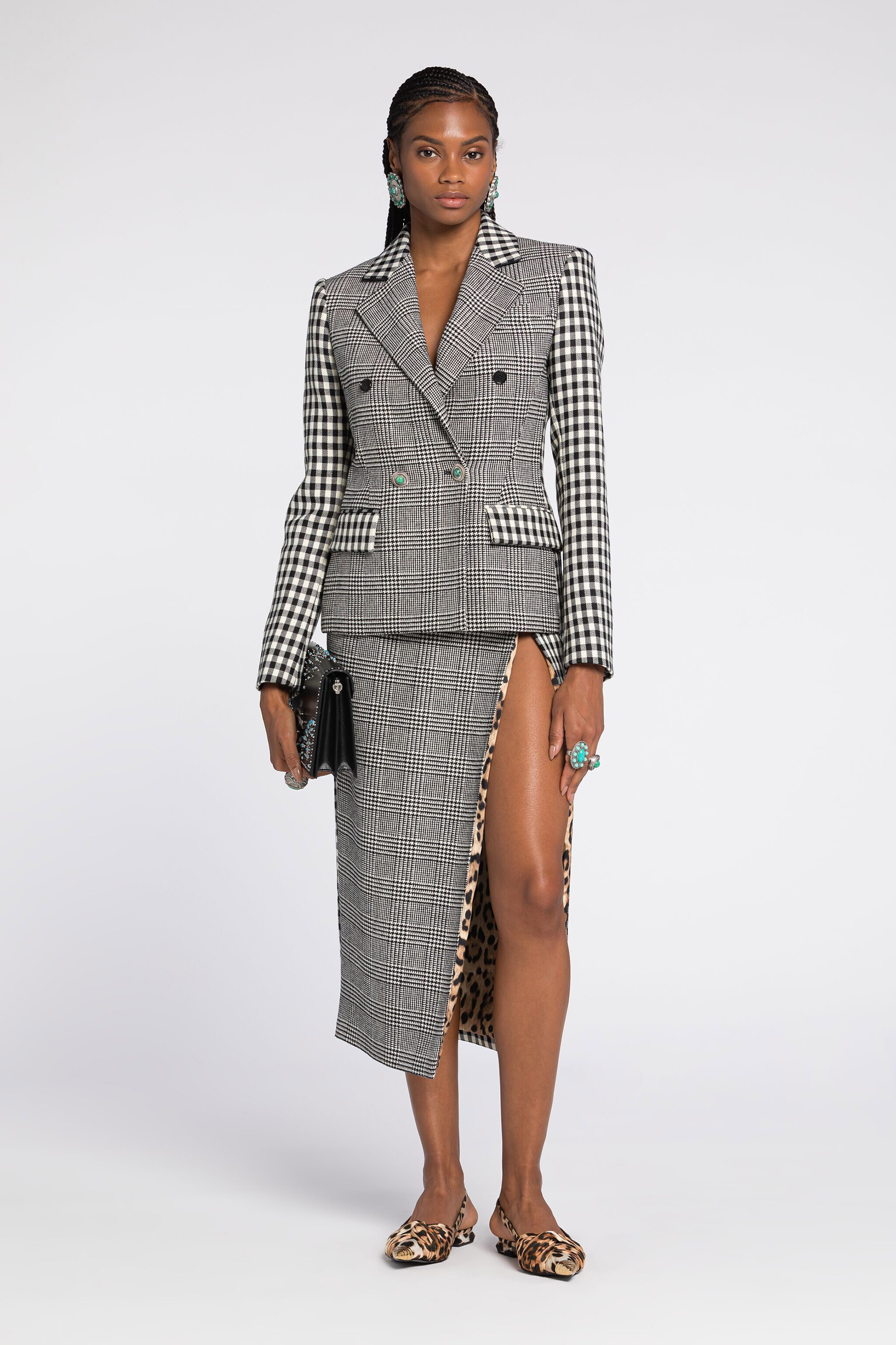 RC Houndstooth and Gingham Double-Breasted Blazer Black/White RKT404-GA007