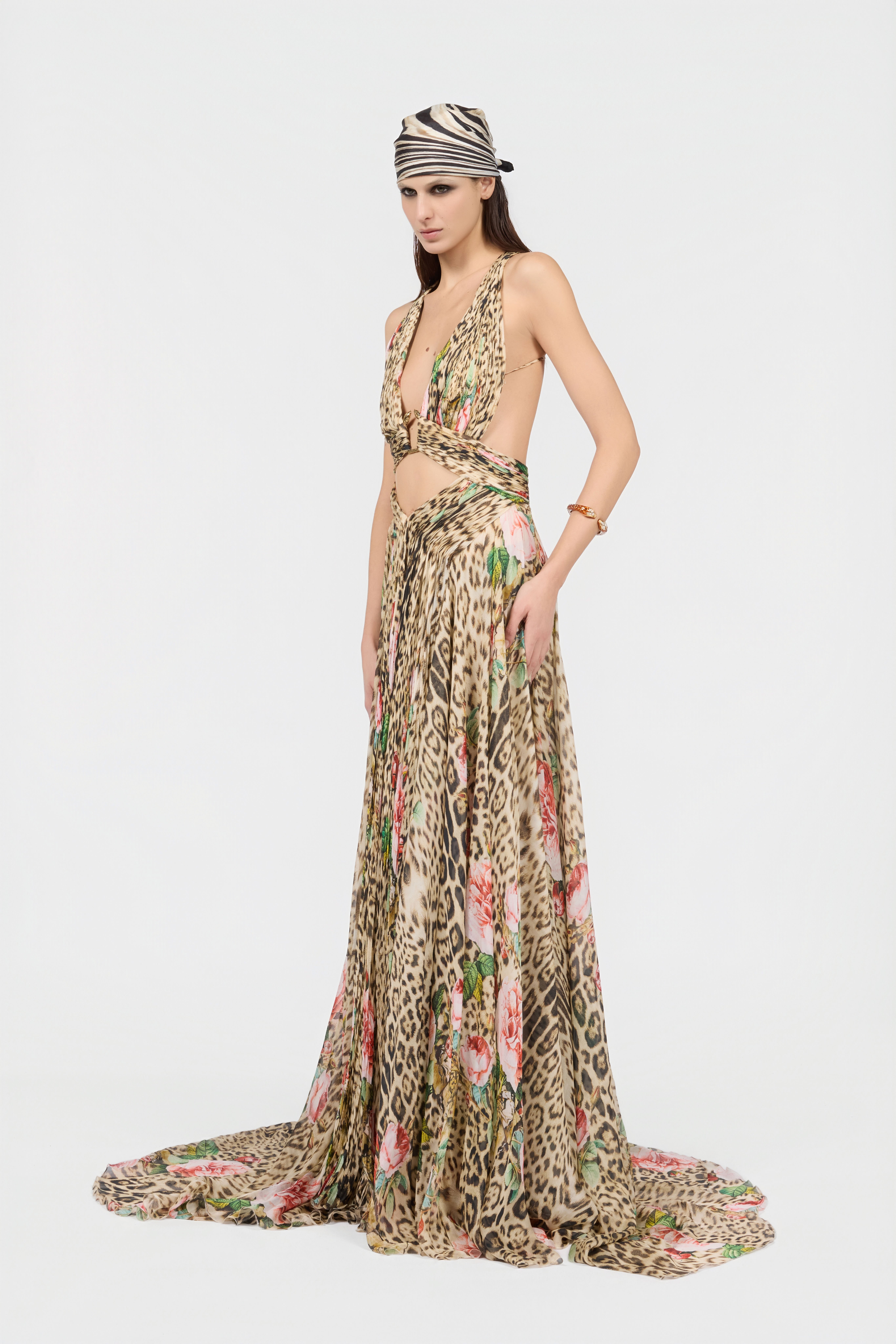 RC Jaguar Roses Print Silk  Dress NATURAL XQT158-HNT24