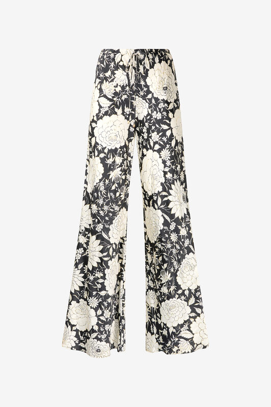 RC Pure Silk Pants with Floral Print Black/White VQT210-TYP71