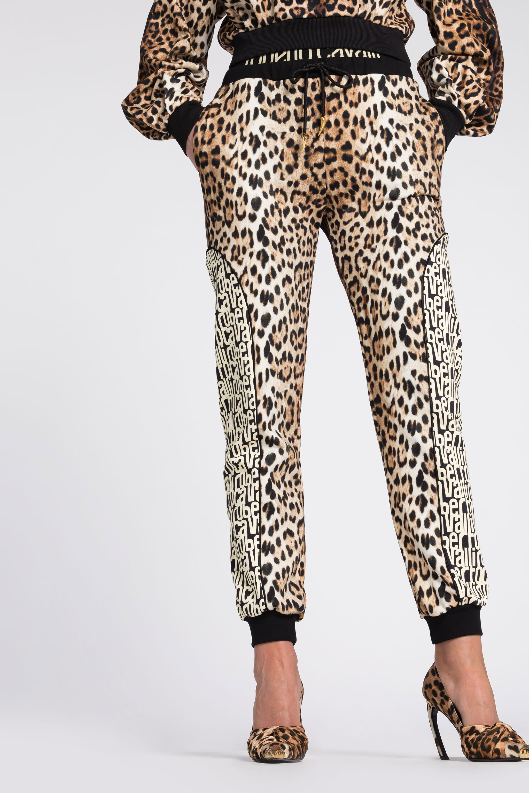 Leopard And Logo Print Cotton Track Pants in Light Brown for Women Roberto Cavalli