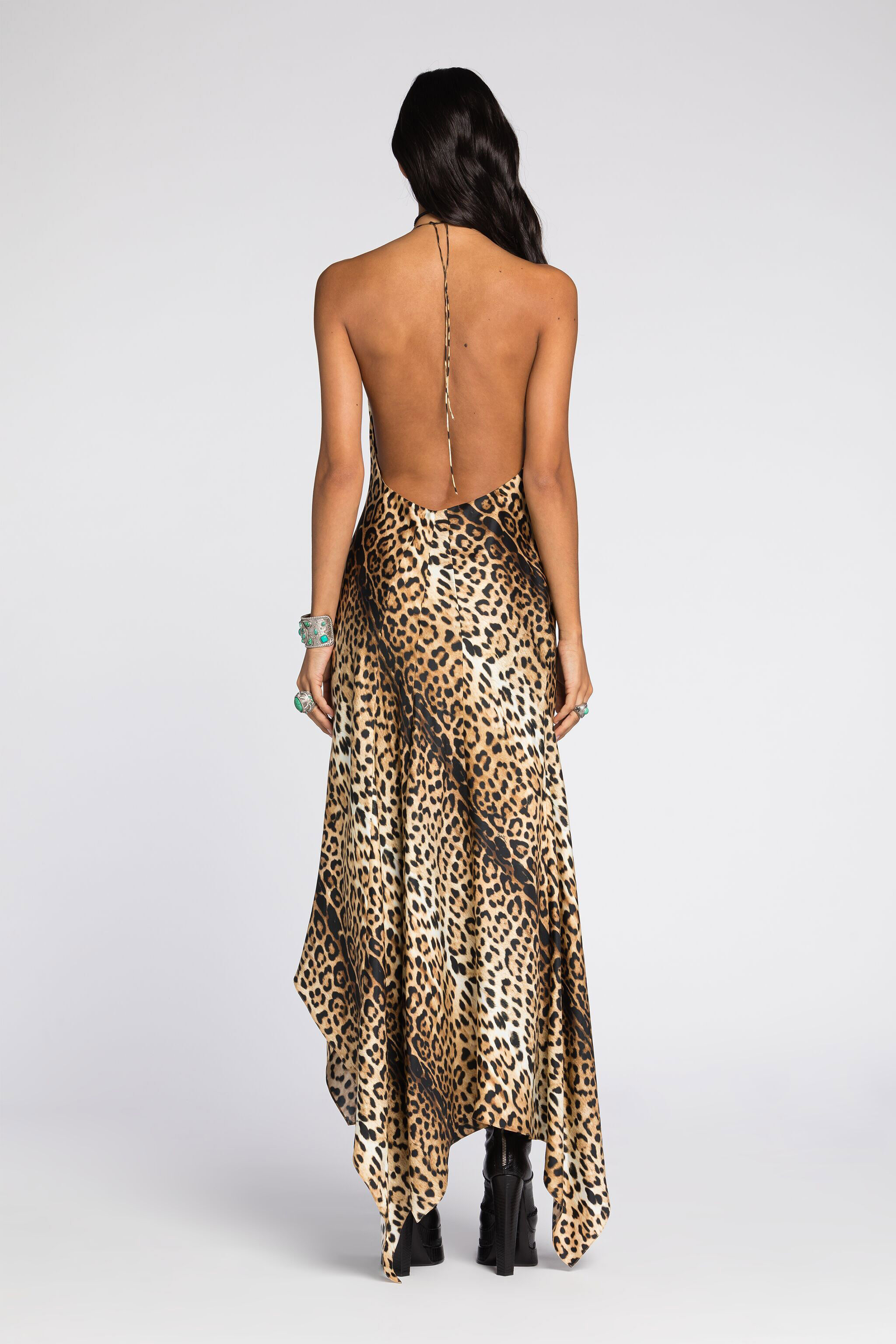 RC Jaguar-Print Halterneck Silk Dress Light Brown RKT133-4QH26