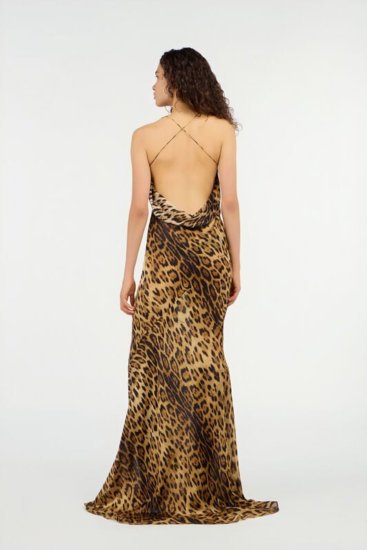 RC Long Silk Dress With Jaguar Skin Print RC Long Silk Dress With Jaguar Skin Print Brown VWT103-HZQ71