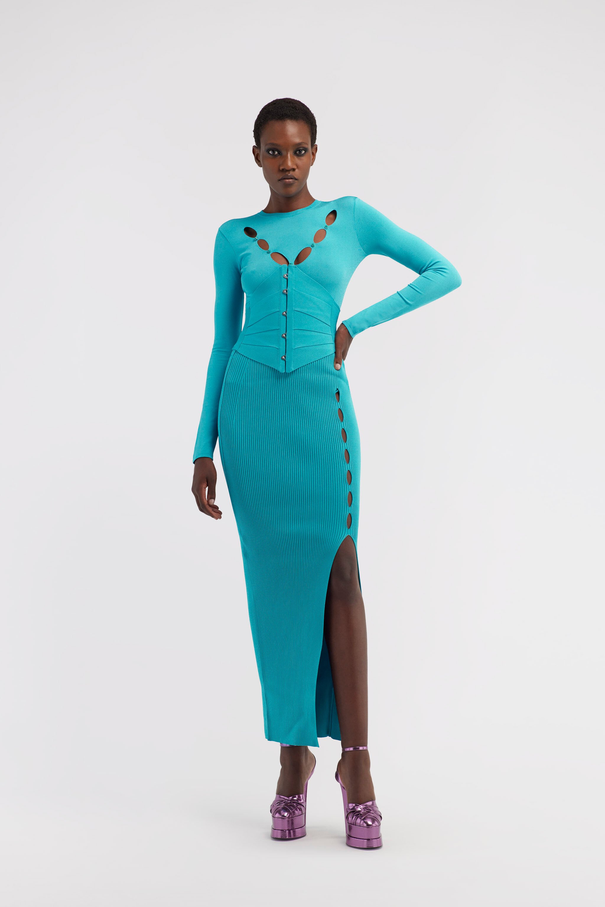 RC Ribbed long skirt with cut-out Light blue RKM301-MG011