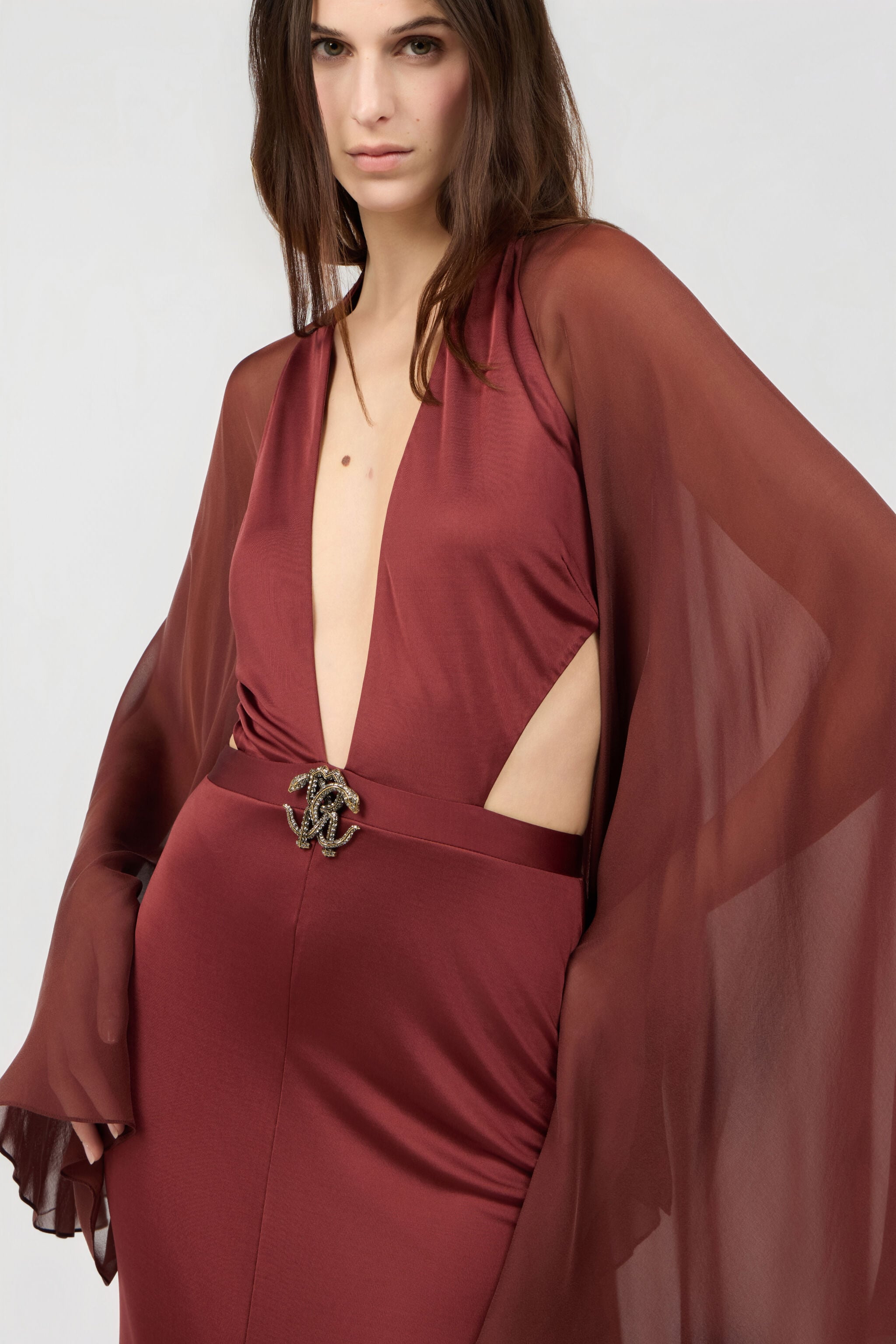 RC Burgundy Silk Maxi Dress 99999 SKT122-JJ036