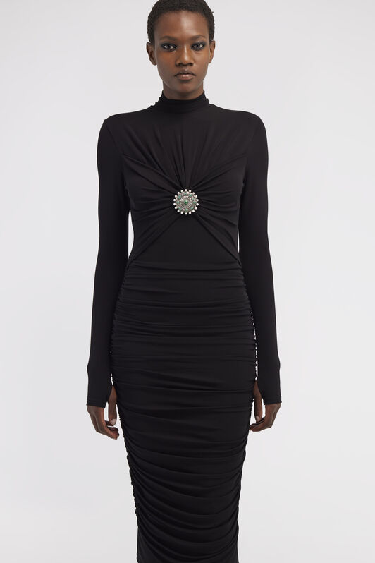 RC Midi-Kleid mit Rüschen und Steinen Schwarz RWT141-JJ036