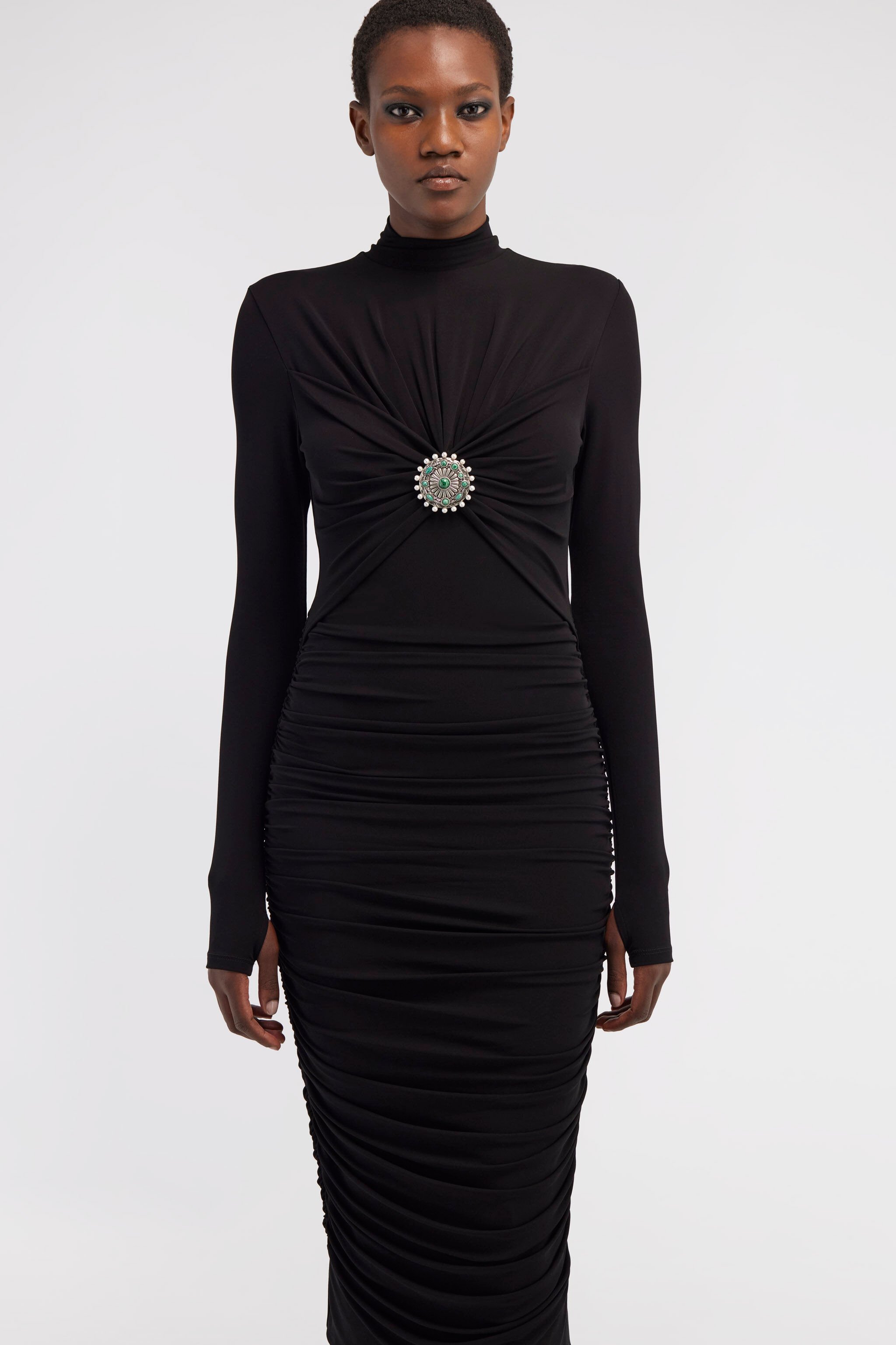 RC Midi-Kleid mit Rüschen und Steinen Schwarz RWT141-JJ036