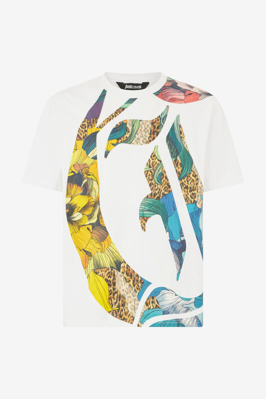 JC T-Shirt With JC Monogram, Jaguar Skin And Floral Print White UFT028-UF048