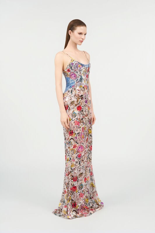 RC AbitoLungo Silk Dress in Florentine Flowers Print BEIGE WQT130-HER29